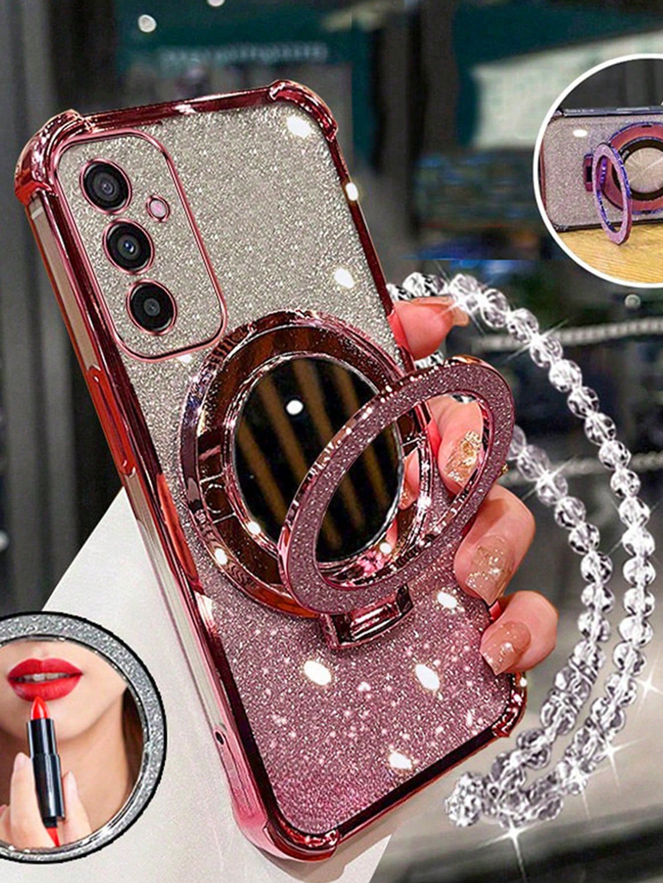 Pink Mirror Element Stand Phone Case New 17 Shockproof Phone Case Shiny Pink Faux Pearl Lanyard Shiny Pink Round Makeup Mirror Magnetic Stand 3-In-1 Phone Case Compatible With IPhone 17 Pro/16 Pro Max