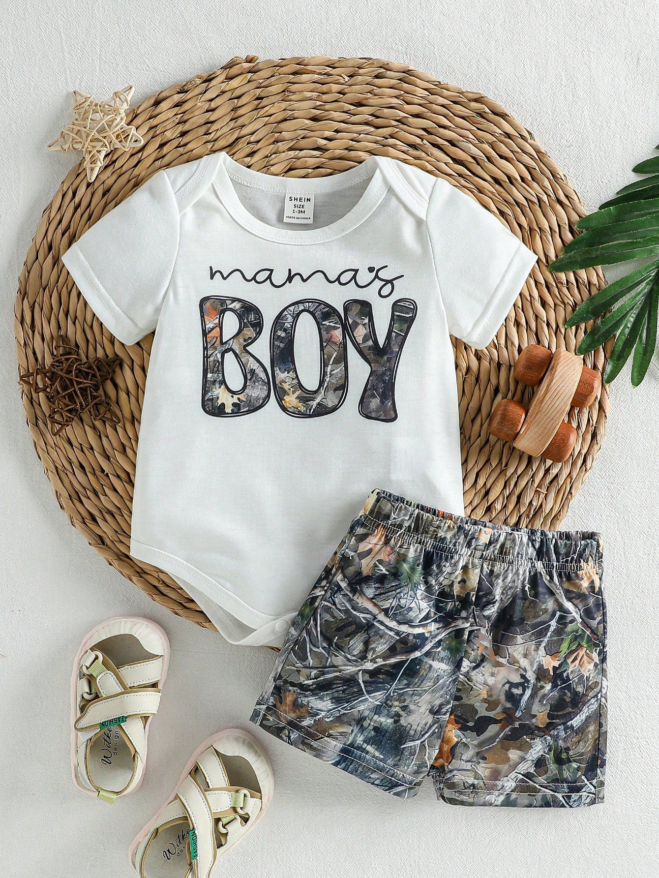 Playful Pals 0-3 Years Infant Toddler Baby Boys Summer White Camo Forest Branch Print Romper Set Cute Loose Outfit For Casual Vacation Outings & Sports Clothing