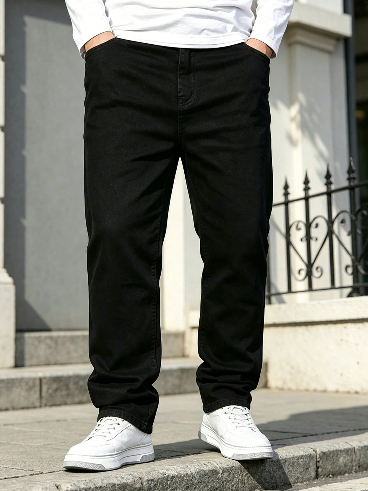 Plus Size Baggy Black Jeans For Men,Straight Leg Black Jeans Classic Denim Trousers Loose Fit Streetwear Comfy Daily Workwear With Pockets