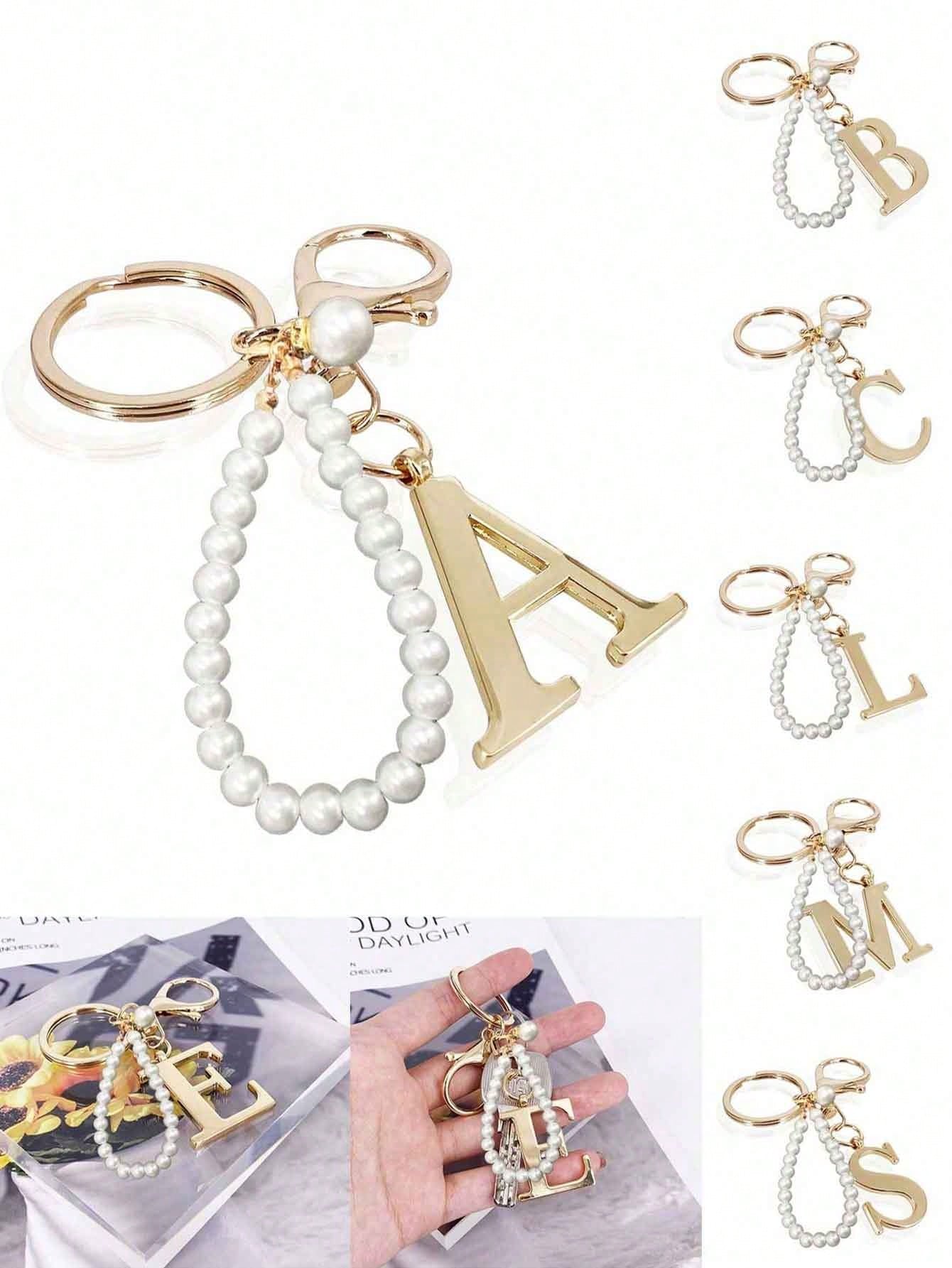 Premium Elegant Gold Pearl Letter Keychain, A-Z 3D Letter Pendant, Elegant Pearl Chain With Sparkling Rhinestones (Detachable Based On Personal Preference) Fashion Alloy Keychain Ring, Earphone Pendan