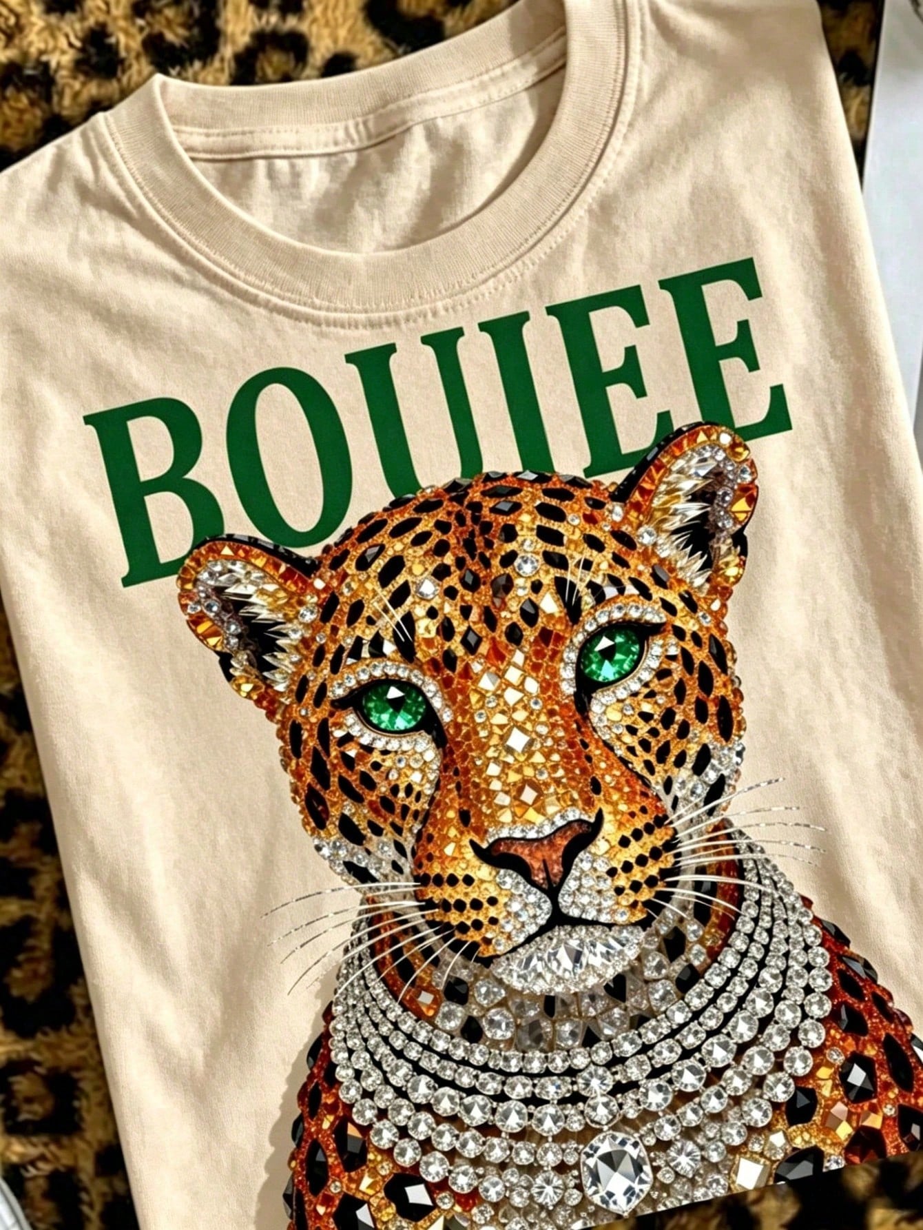 Pure Cotton Loose Fit Boujee Leopard Print T Shirt With Rhinestone Print Embellished Animal Design Glamorous Sparkly Graphic Tee For Women Fashion Ca