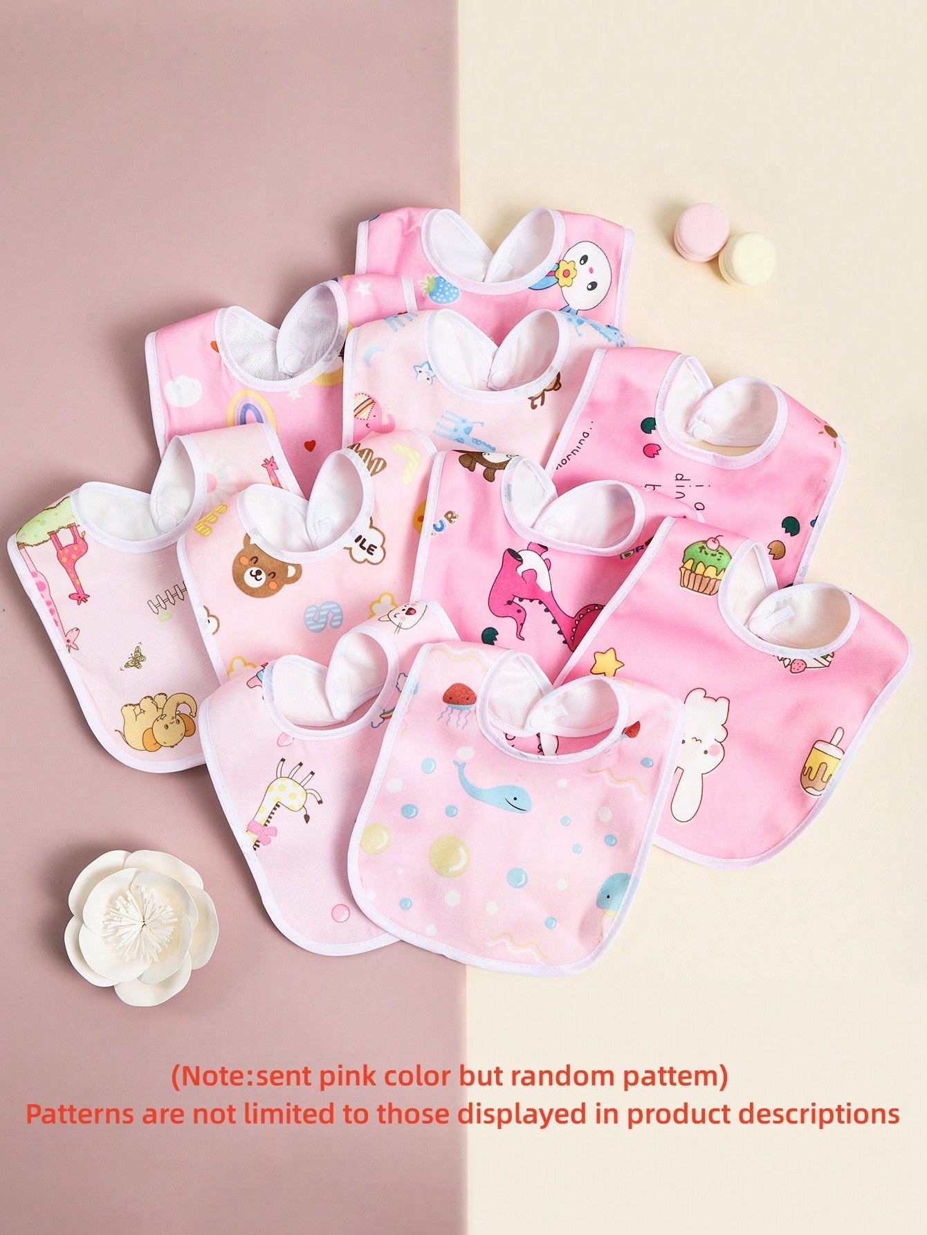 Random 8pcs Pink Tone Floral Pattern Baby Crystal Velvet Waterproof U-Shaped Snap Button Bib For Feeding