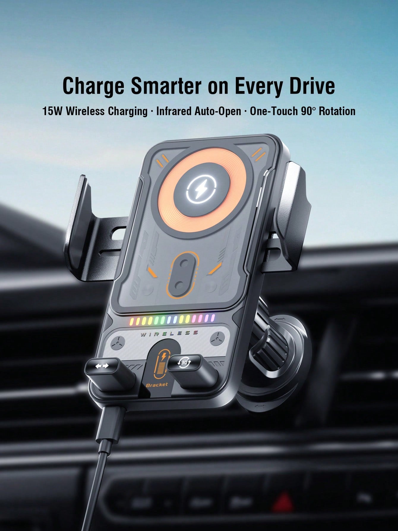 REMAX 15W Wireless Car Charger Phone Mount With Colorful Ambient Light, Infrared Auto-Open & Auto-Clamping, One-Touch 90° Rotation, Stable Vent Hook, Fits 4.0–7.2 In Phones & Cases, Car Accessories, C