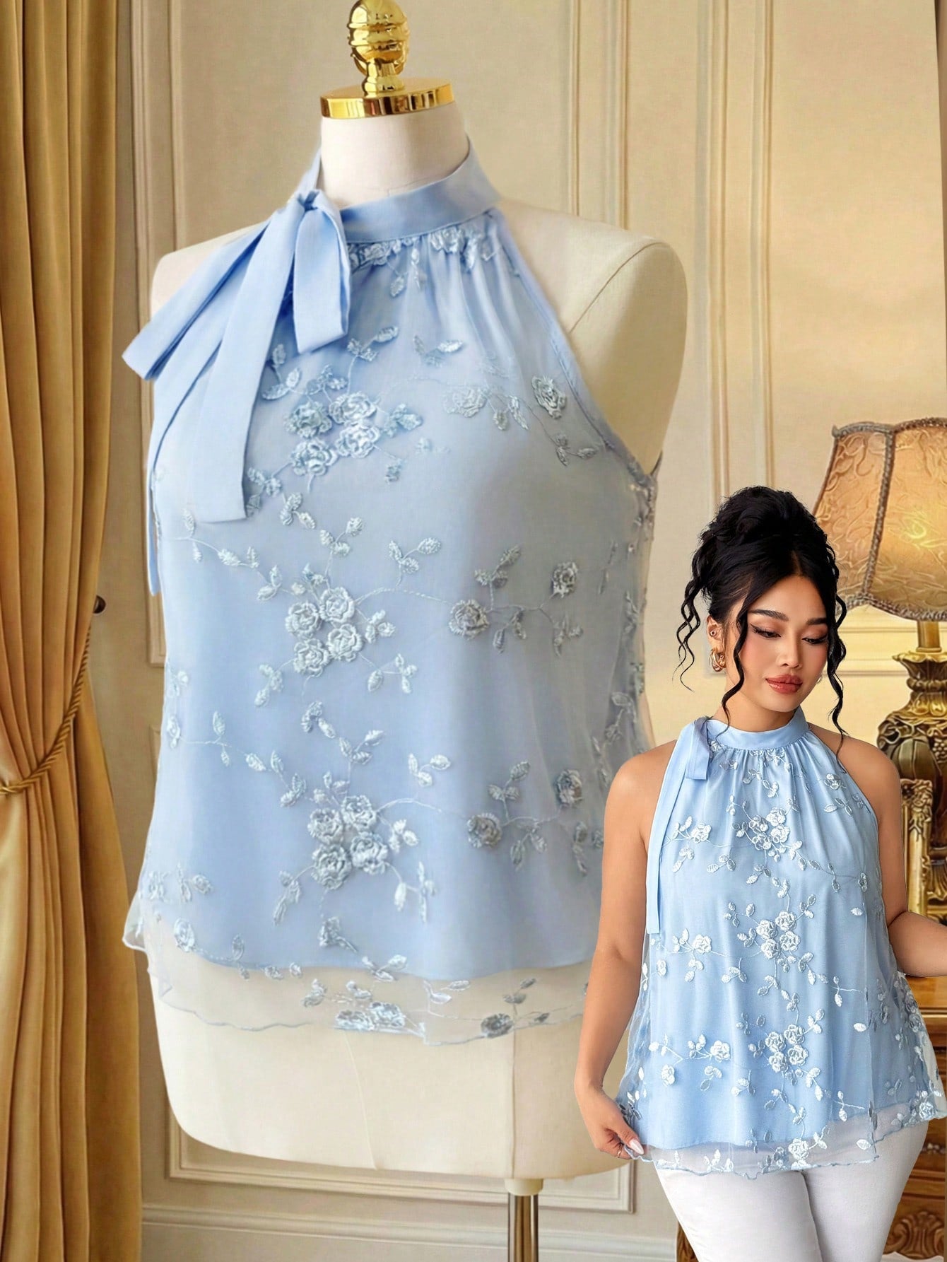 Rometta Plus Size Light Blue Floral Embroidered Halter Top, Elegant Party Blouse With Bow Collar And Mesh Hem, Sleeveless Shirt, Plus Size Light Blue Halter Bow Top, Floral Embroidered Mesh Patchwork