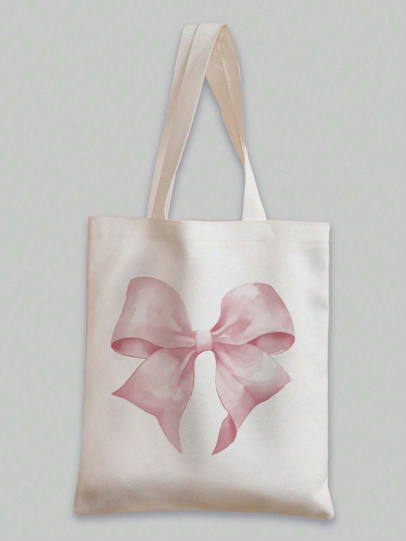 ROMWE Kawaii Bowknot Pattern Double-Sided Printed Canvas Shoulder Bag, Tote Bags For School Valentines, Literary School Bag & Book Bag For Women Or Students, Perfect For Books, Shopping, Back To Schoo