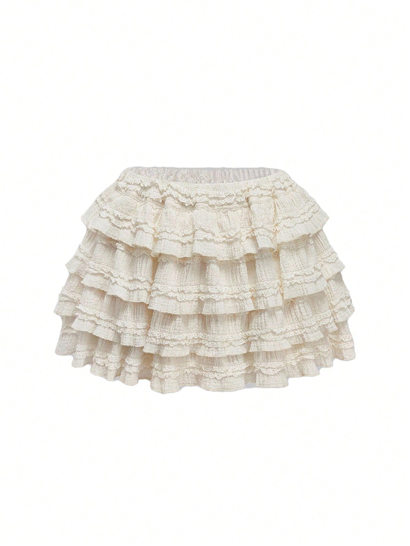 ROMWE Kawaii Cream Textured Fabric Sweet Cake Tiered Waist Mini Skirt, Suitable For Multiple Occasions, Summer For Women