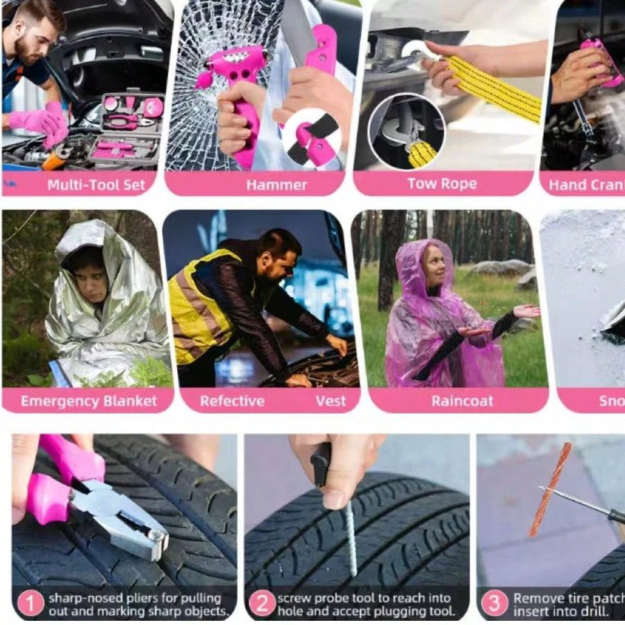 Rose Pink Car Roadside Emergency Kit, Multifunctional Vehicle Tool Set With Jumper Cables, Tow Straps & First Aid Bag For Road Trip Outdoor Driving, Batteries Not Included