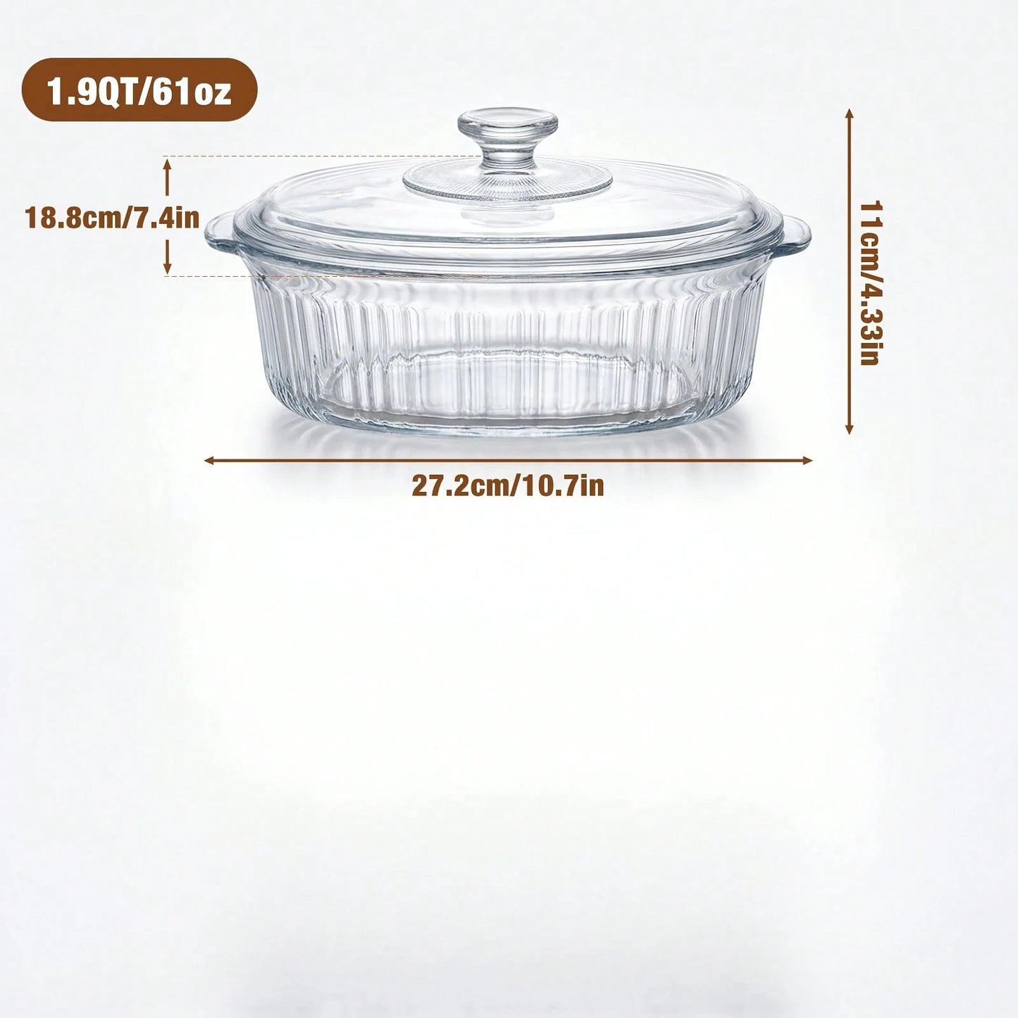 Senmeo 1pc 61oz Glass Casserole Dish With Lid, Ribbed Oval Glass Baking Dish For Oven & Microwave, Clear Lead-Free Covered Casserole Cookware, Versatile Deep Glass Food Container For Baking, Cooking