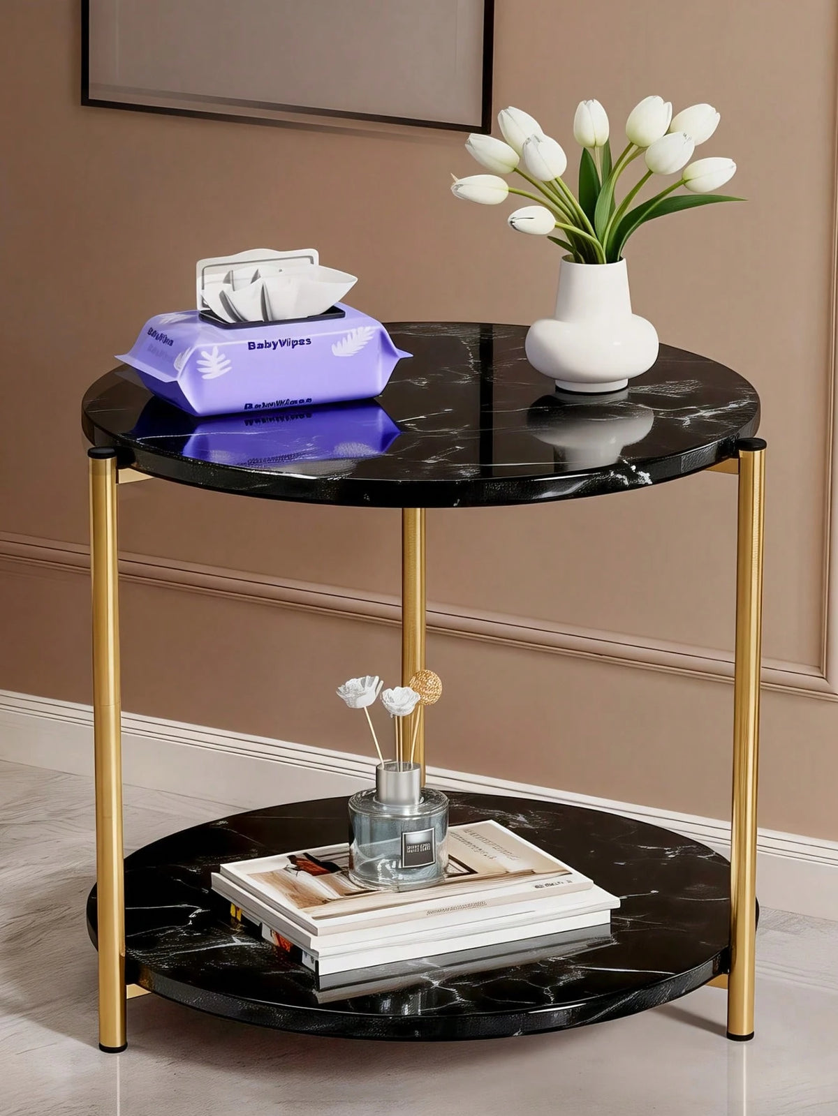 Senmeo Double-Tier Round Side Table, Minimalist Sofa Table & Coffee Table, Dual-Purpose Indoor/Outdoor Decorative Table Double-Layer Metal Reinforcement, Easy Assembly Suitable For Indoor/Outdoor Deco
