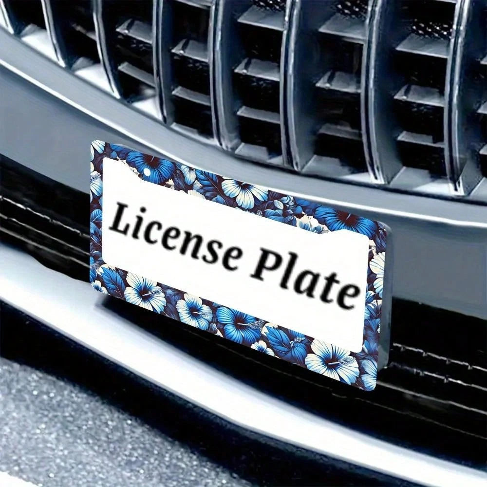 Set Of 2 Blue Hibiscus Flower Aluminum License Plate Frames- Vibrant Front And Rear License Plate Holders, 12X6 Inches, Weather-Resistant Material With Installation Screws And Caps, Suitable For Vehi