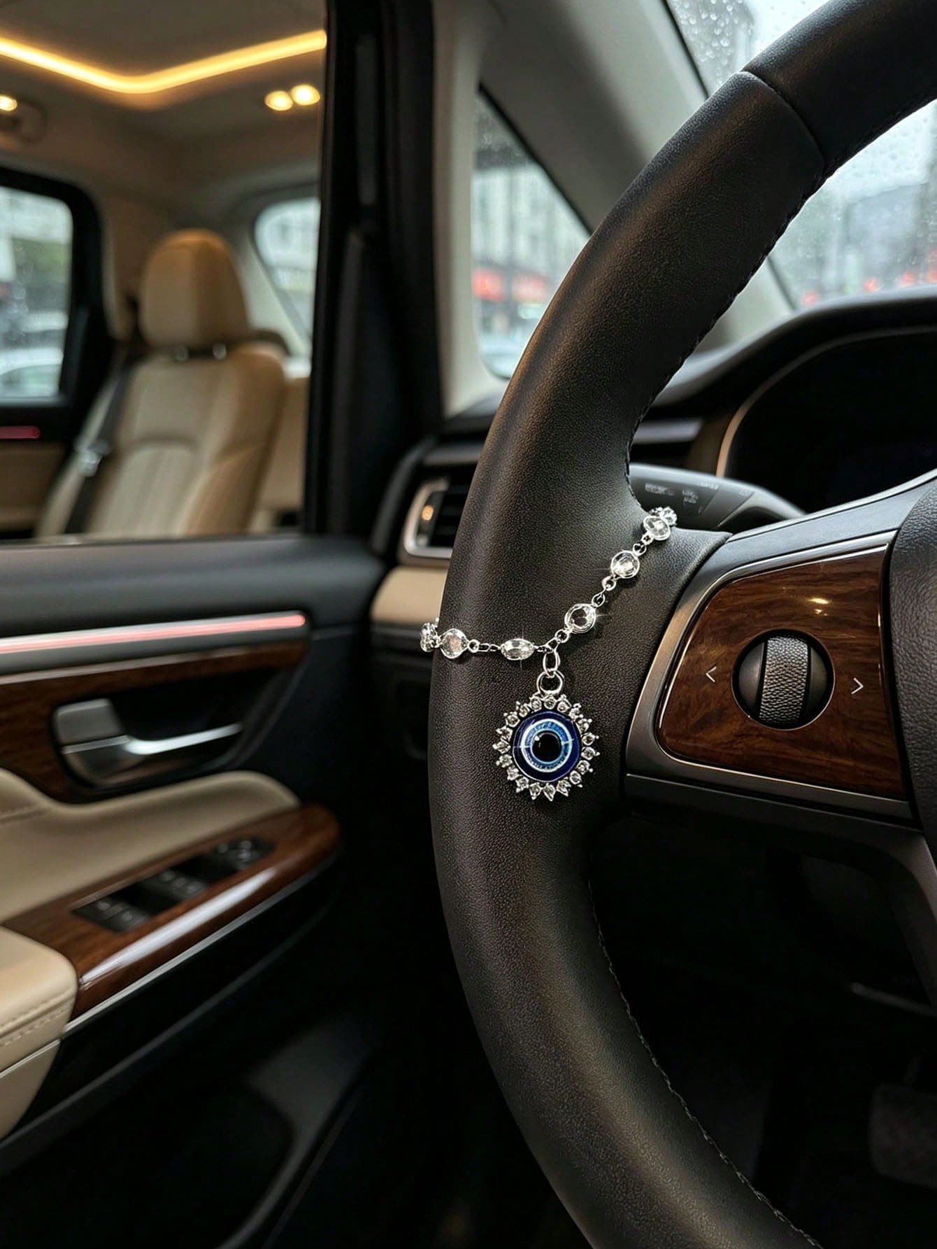 Shiny Crystal Chain Evil Eye Steering Wheel Pendant, Lucky Evil Eye Amulet Car Interior Decoration, Bohemian Style Car Steering Wheel Hanging Ornament
