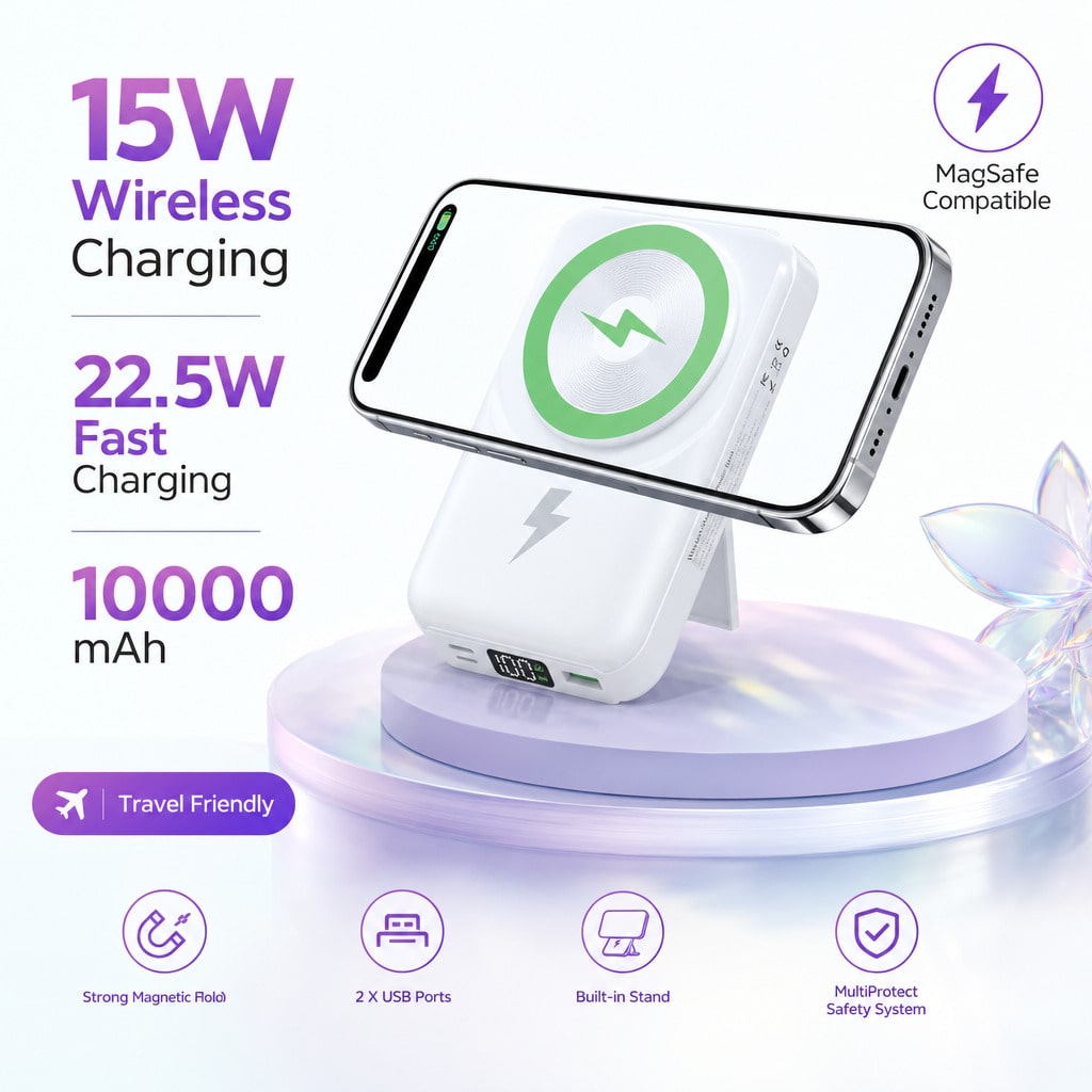 Slim White 10000mAh Magnetic Charger With 15W Wireless And 22.5W Wired Fast Charging, Featuring An LED Power Readout, Slim White Shell And Rear Stand For Hands-Free Viewing, Compatible With Selected