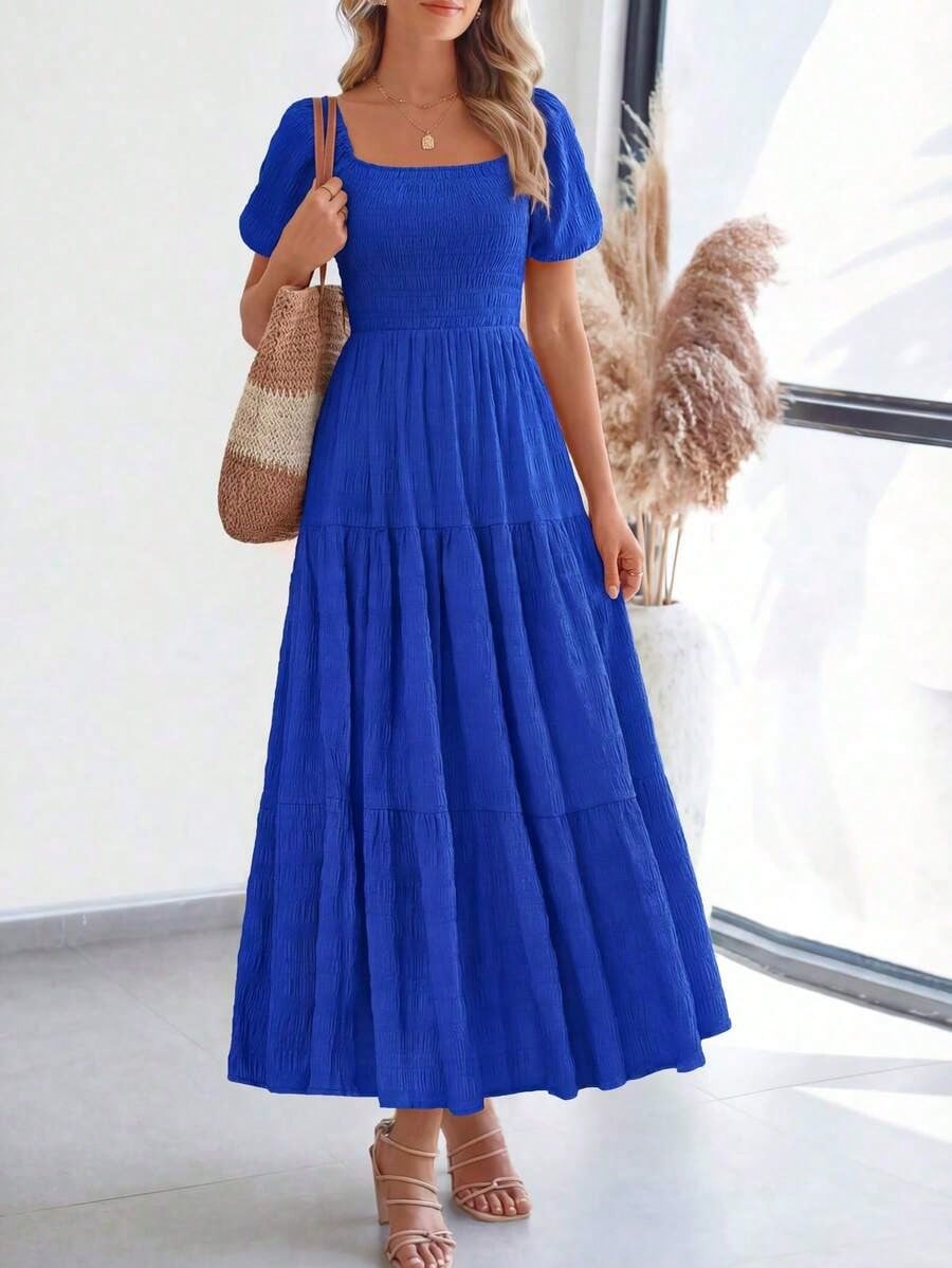 Summer Dresses For WomenWomen's Summer Dresses Puff Short Sleeve Dresses Square Neck Smocked Tiered Ruffle A Line Long Flowy Beach Graduation Wedding