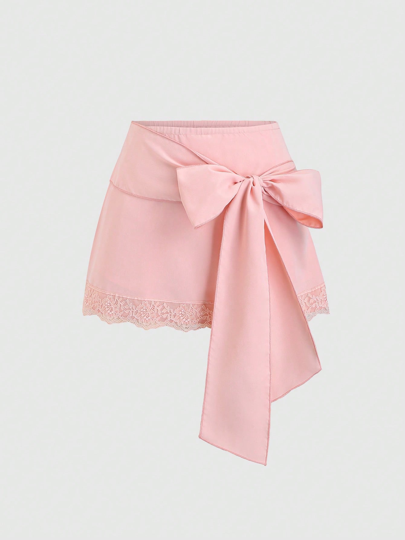 Sweetra Women's Spring/Summer Casual Vacation Style Pink Woven Lace Trim Waist Tie Mini Skirt, Flattering Fit For Beach