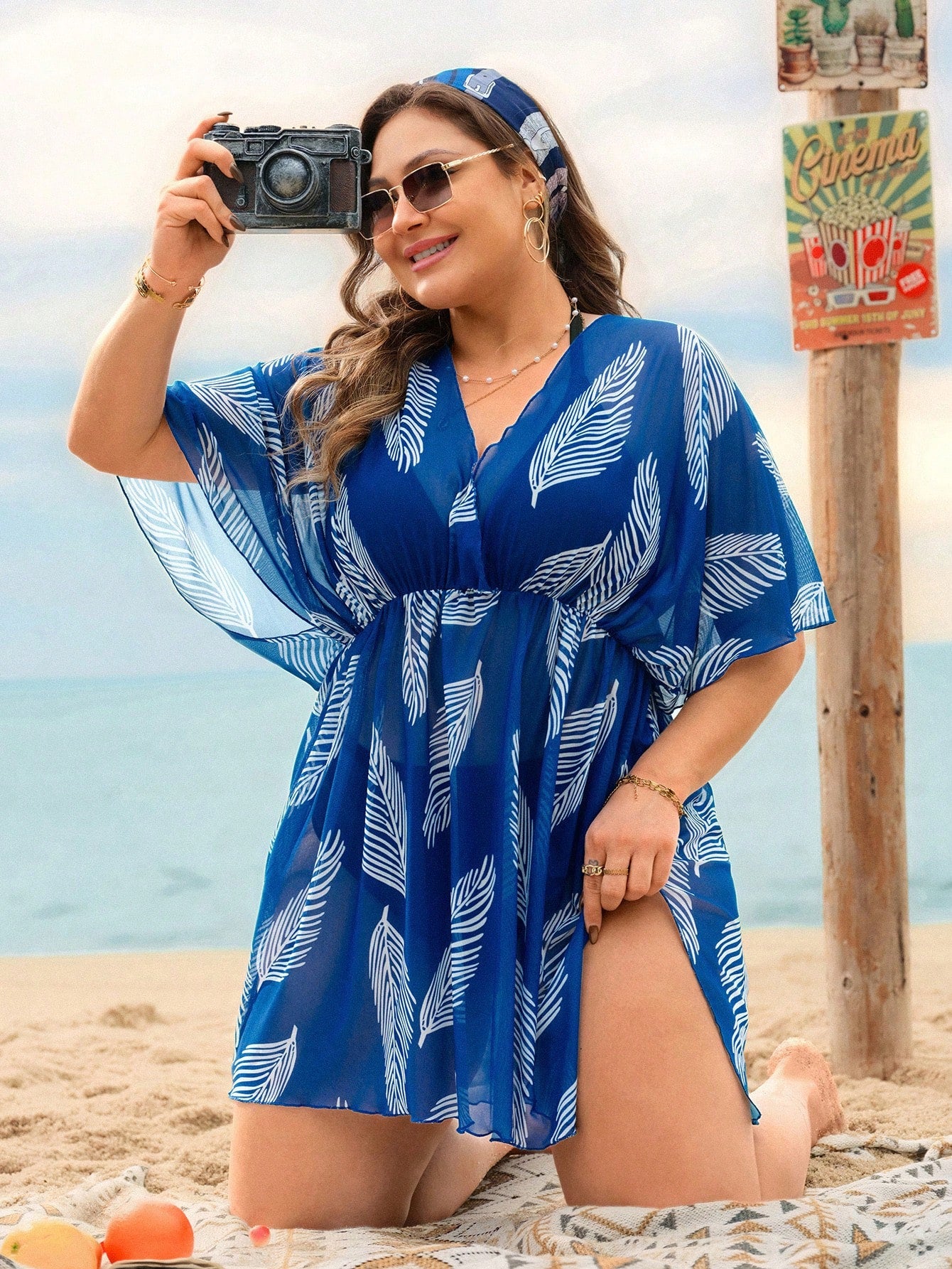 Swim Lushoire New Summer Beach Vacation Plus Size Women Cover Up Coverup, Leaf Print Design, Slimming Elegant Blue Coverup, Leaf Print Plus Size Coverup