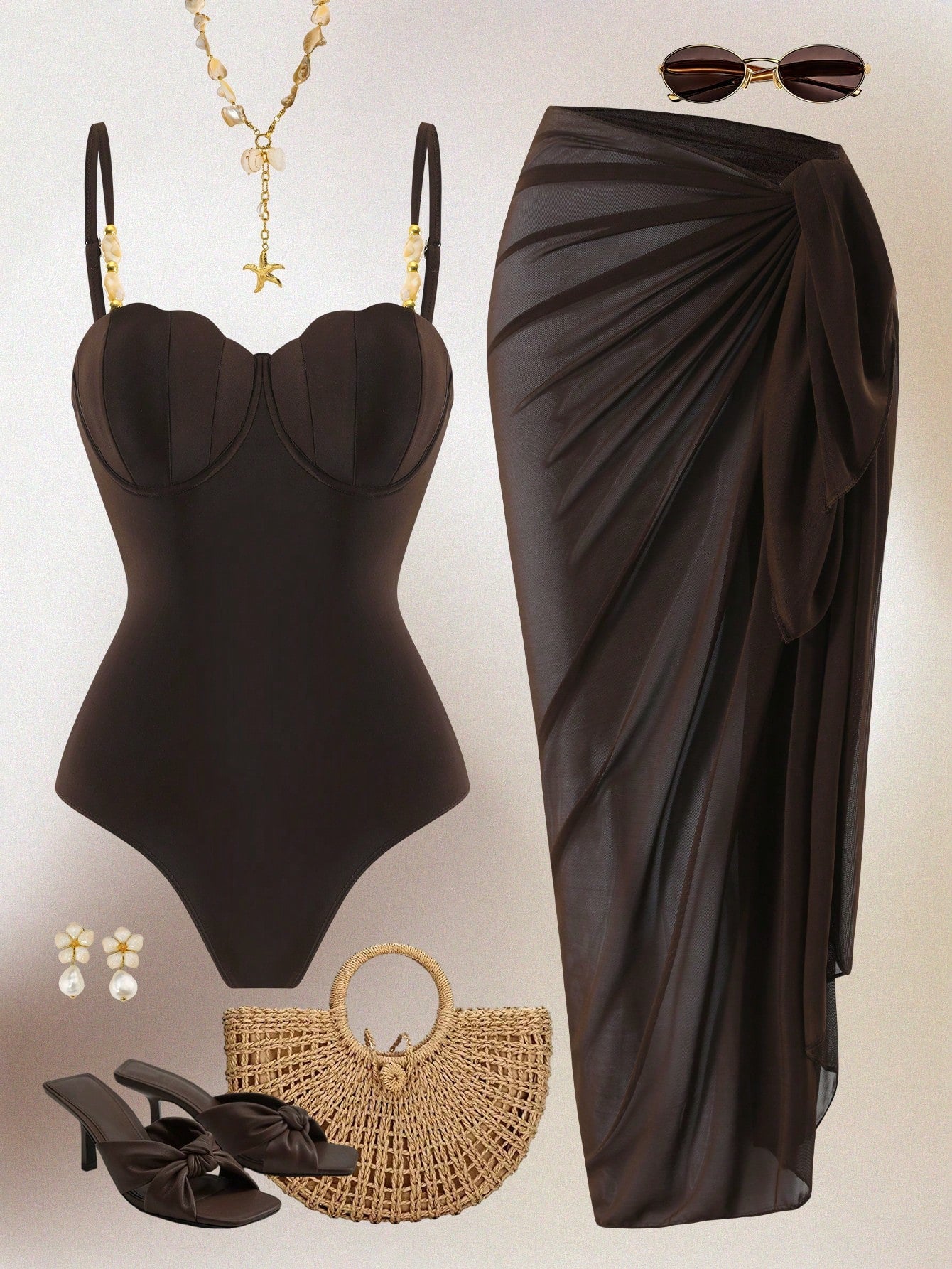 Swim Oasis 2026 Spring/Summer Plus Size Women's Brown Solid Color Fashionable Sexy Hard Cup Design One-Piece Swimsuit + Wrap Skirt High-End Beach Set