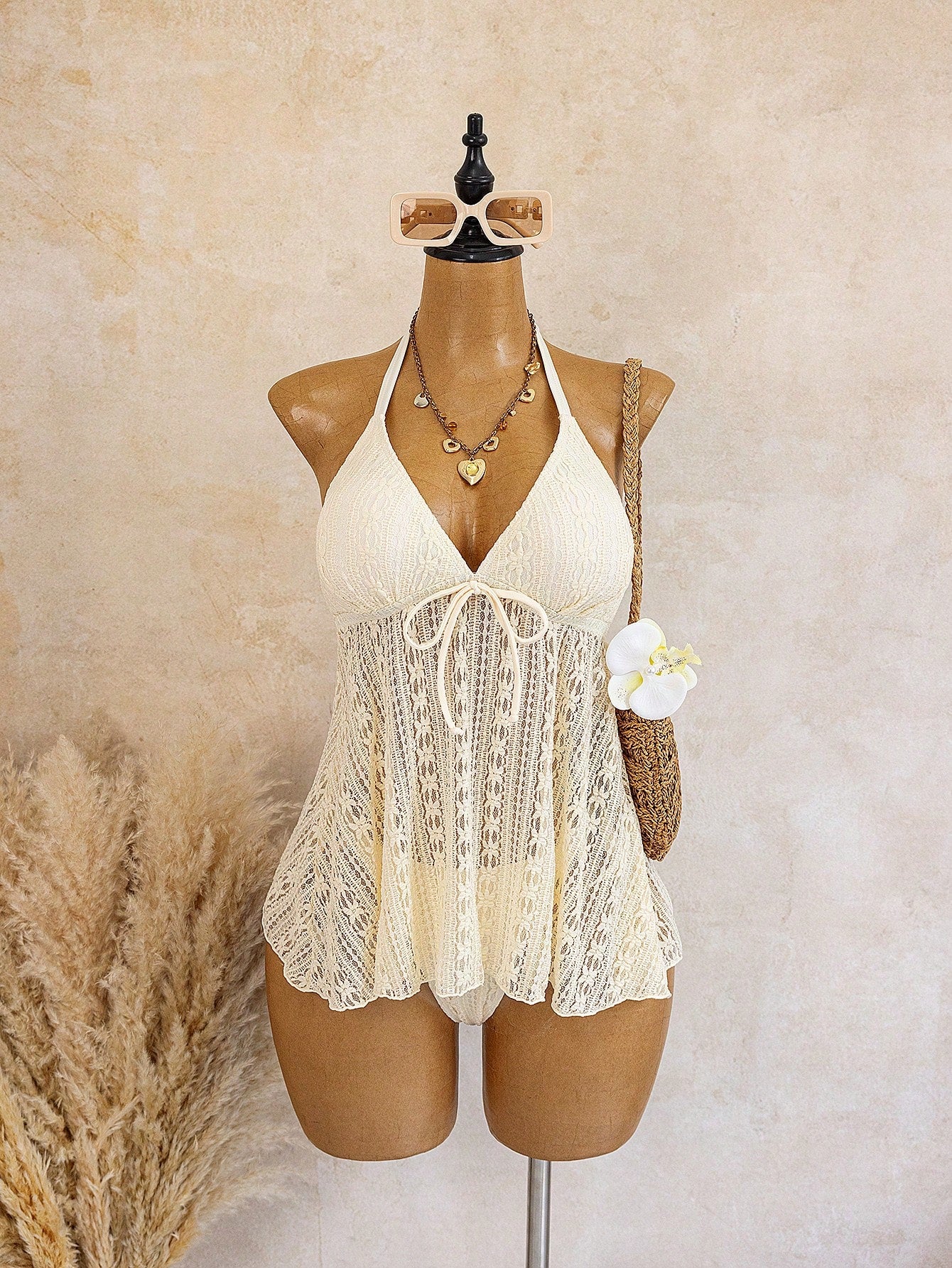 Swim Vcay 2026 New 2pcs Plus Size Women Floral Lace Texture Spaghetti Strap Tankini Bikini Set With Triangle Bottoms, Suitable For Beach, Resort Wear
