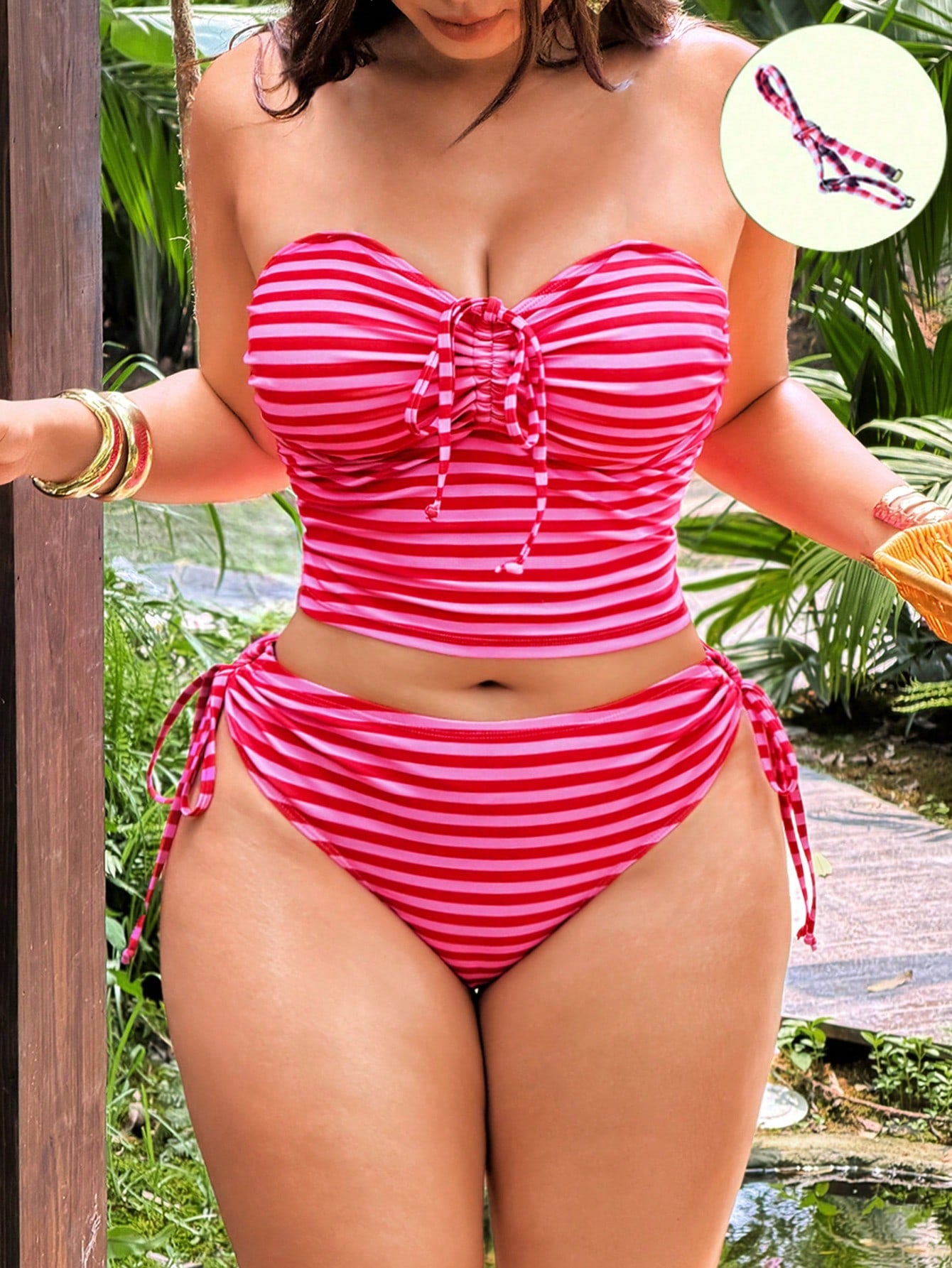 Swim Vcay 2026 New Women's Spring/Summer Spaghetti Strap Striped Print Beach Vacation Plus Size Swimsuit Set