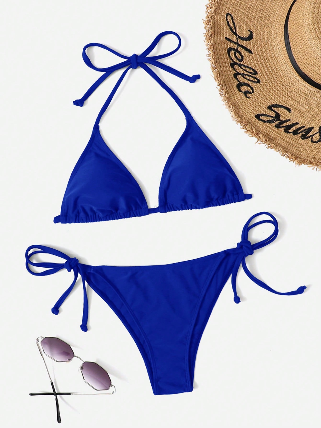 Swim Vcay Solid Color Halter Tie Front Bikini Swimwear, Suitable For Summer Beach