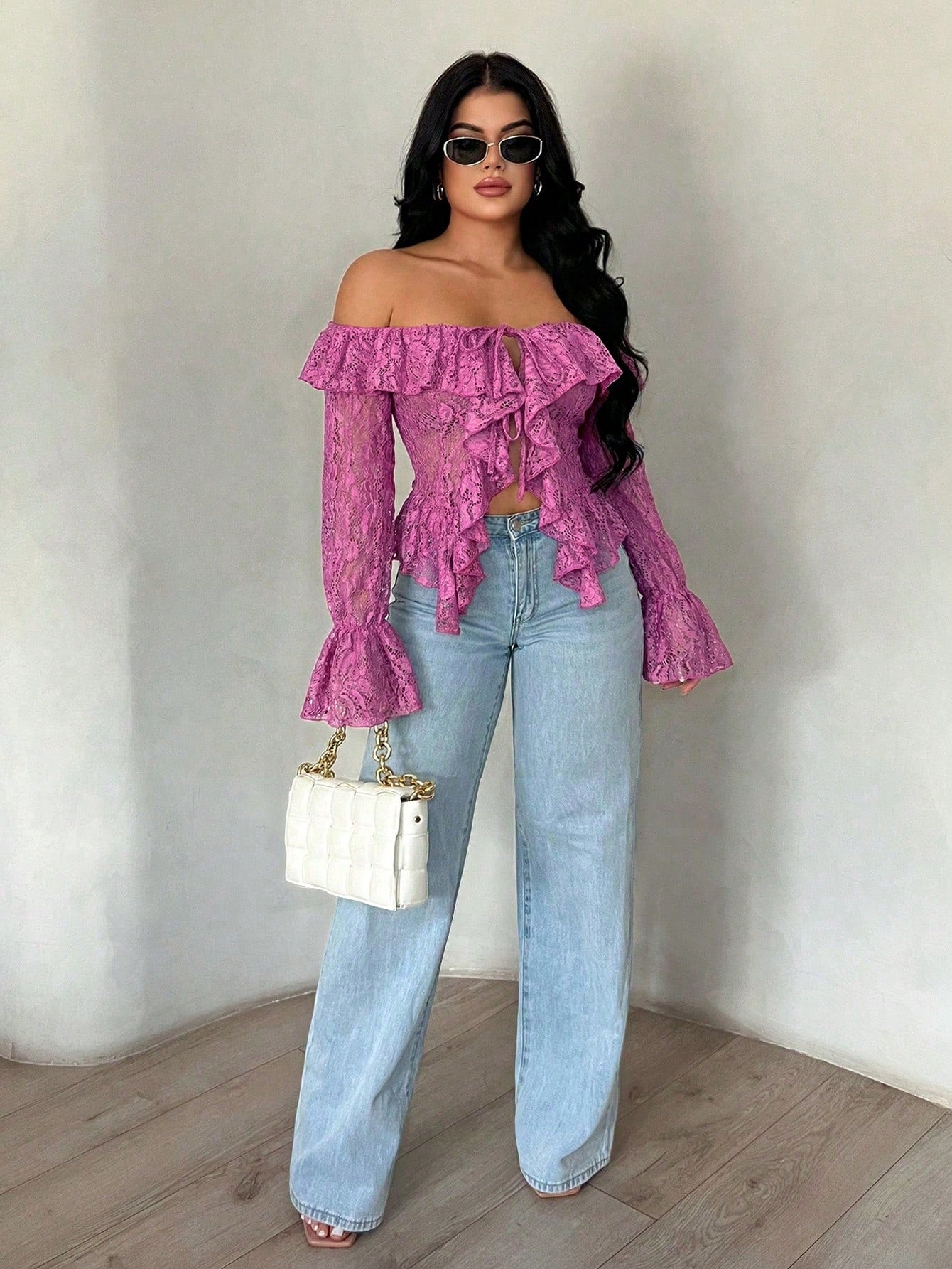 SXY Vacation Casual Open Front Ruffle Trim Off-Shoulder Long Sleeve Sheer Lace Top For Women, Spring Summer