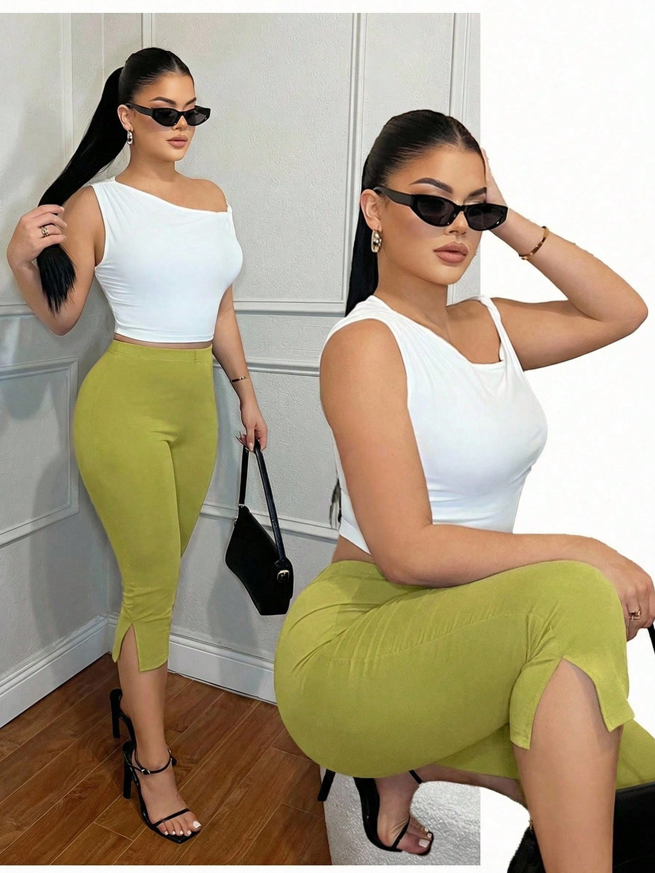 SXY Women's Solid Color High Waist Casual Versatile Daily Wear Skinny Split Hem Cropped Leggings Women Green Women Outfits Capris