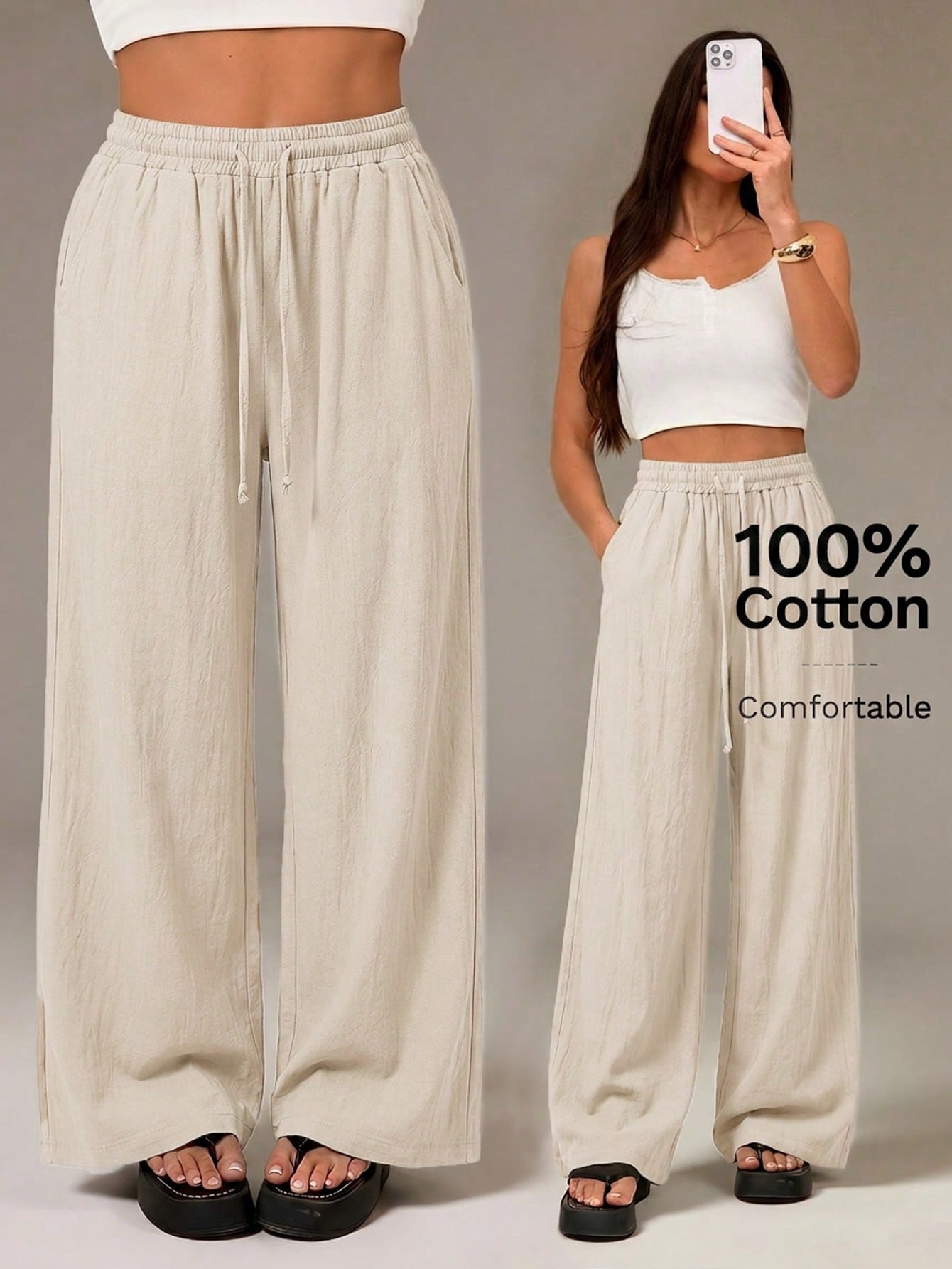Tall Women's Summer Country Concert Going Out Beach Outfits Boho Basic Minimalist Washed 100%Cotton White Pants Curved Hem Pants, Tall Women