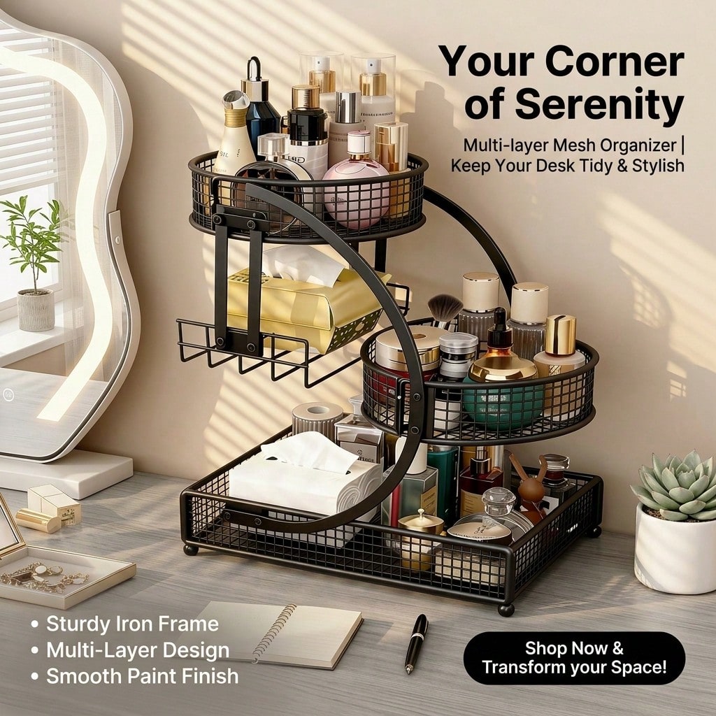 Three-Tier Lightweight Metal Cosmetic Organizer With Round Basket| Rust-Proof, Space-Saving Vanity Storage For Lipsticks, Perfumes, Skincare. Ideal Gift For Women/Girls, Durable Stylish Metal Finish