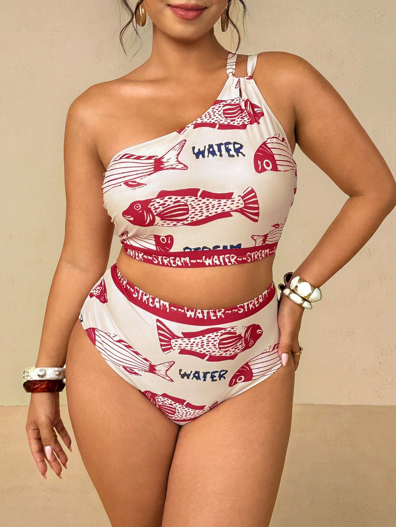 Travachic Plus Size Tropical Floral Print Cutout Detail Halter Bikini Set, Casual Beach Vacation Summer Bathing Suits For Women Swimsuits For Woman