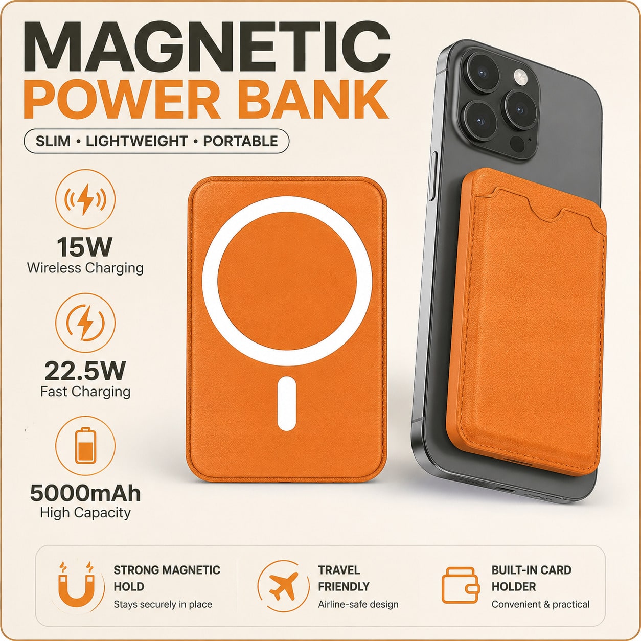 Travel Ready Magnetic Wireless Portable Charger 5000mAh With Credit Card Slot 15W Magnetic Wireless Charging 20W PD Wired Fast Charging Compact Phone Battery Pack Compatible With IPhone 15 14 13 12 Pr
