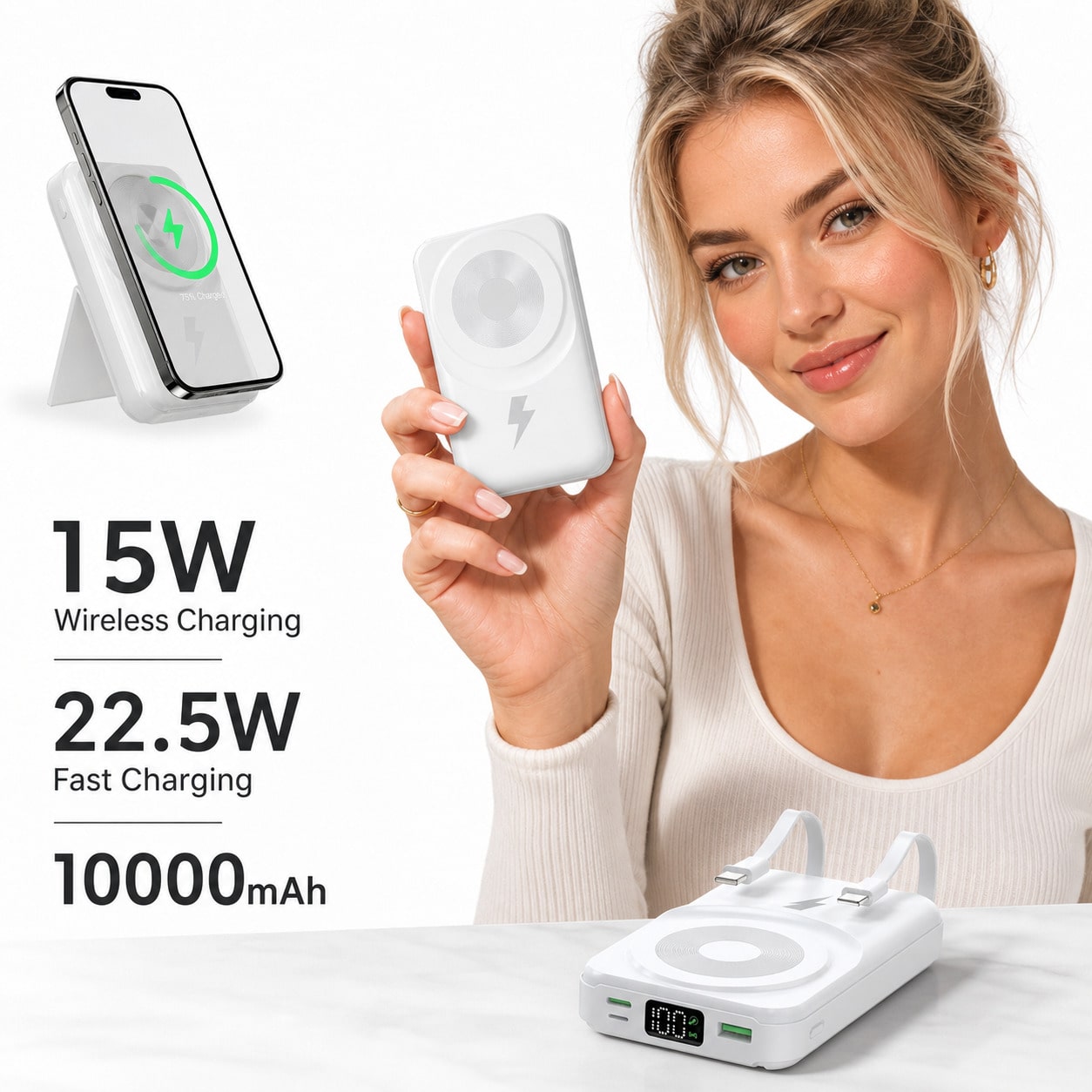 Travel-Ready White 10000mAh Magnetic Battery Pack With 15W Wireless And 22.5W Fast Charging, Featuring An LED Charge Indicator, Compact White Case And Rear Support For Desk Viewing, Compatible With Se