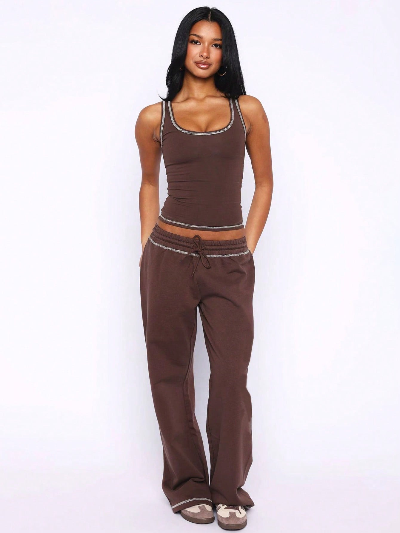 Two Pieces Set Summer Women's Solid Color Fashion Activewear Set Sports Tank Top With High-Waisted Drawstring Straight-Leg Pants Two Pieces Set