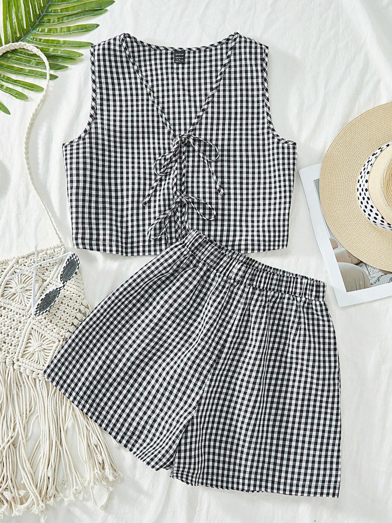 VCAY Casual Woven Plaid Pattern Tank Top & High Waist Loose Shorts Women's Two Pieces Set,For Summer Vacation,Women Summer Clothing