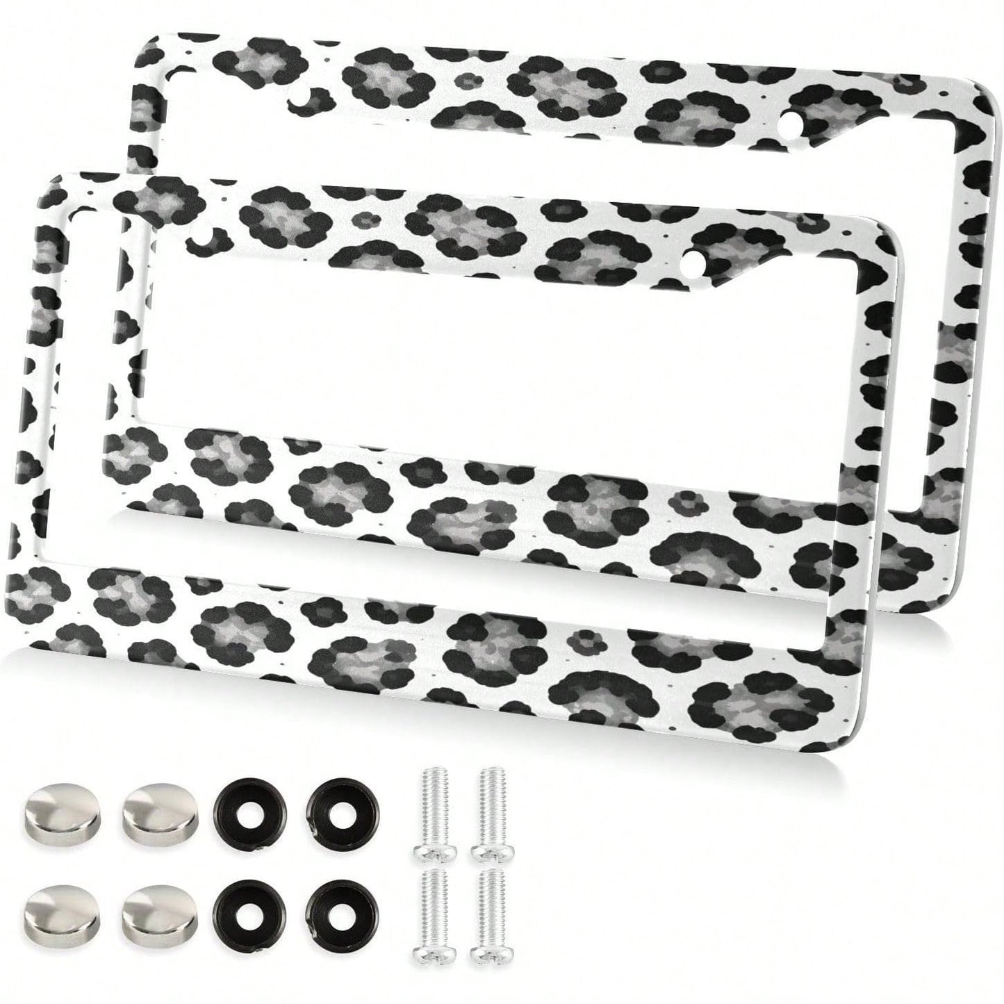 White Leopard Pattern License Plate Frame 2 Pack 2 Holes Car License Plate Holder Automotive Parts Decoration Universal With Screw Caps Cover