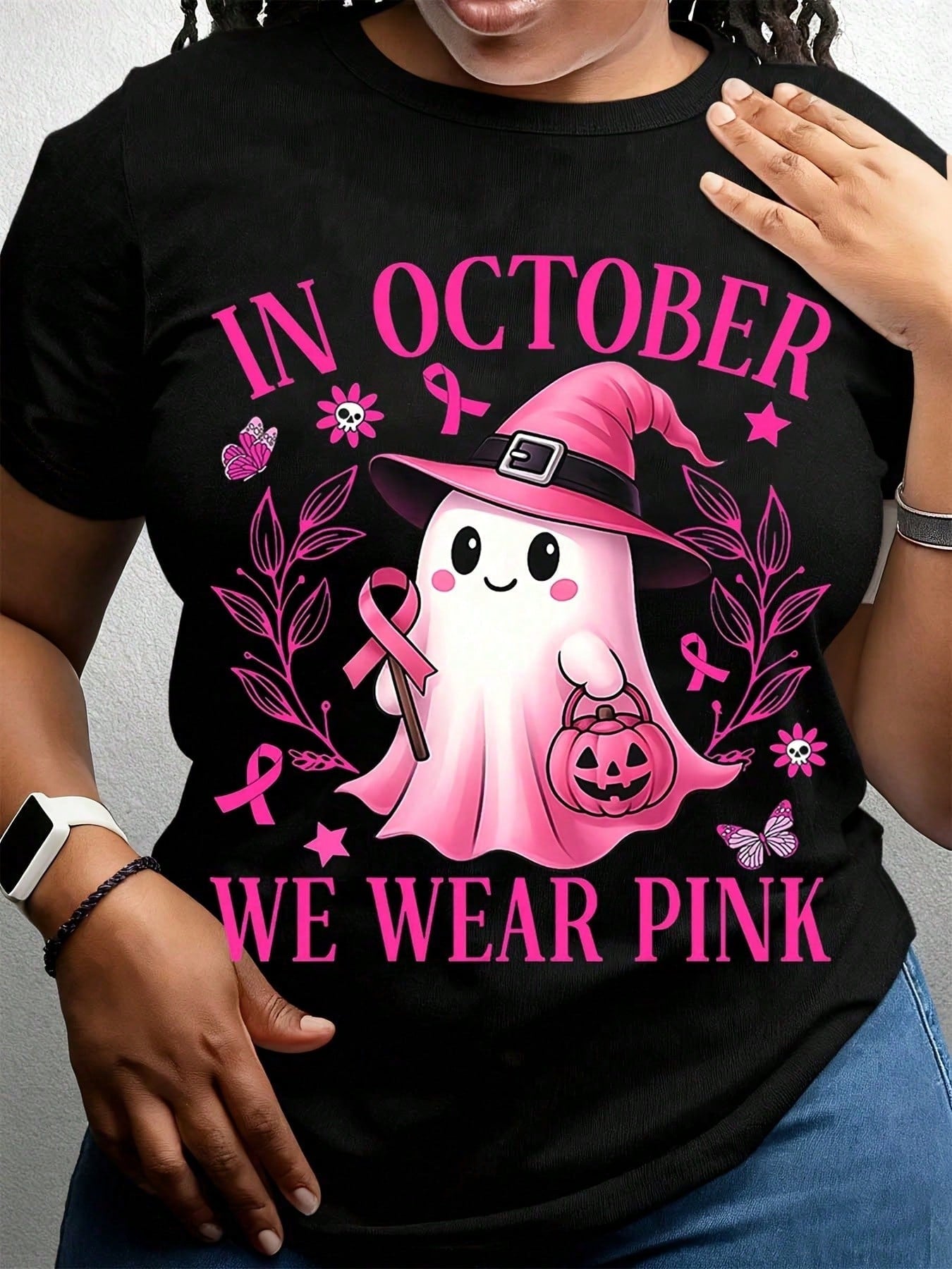Women Halloween Ghost Witch Pink Ribbon Breast Cancer Awareness T-Shirt In October We Wear Pink Round Neck Short Sleeve Casual Autumn Fashion Top