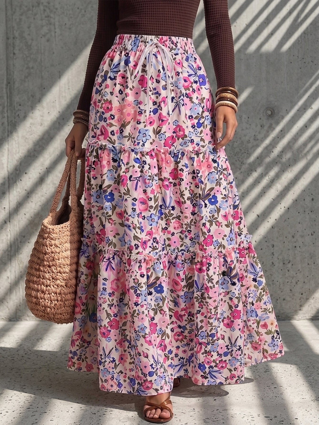 Women's Bohemian Style Maxi Skirt, Made Of Woven Fabric With Floral Print, Layered Ruffle Hem Design, Casual & Elegant Summer