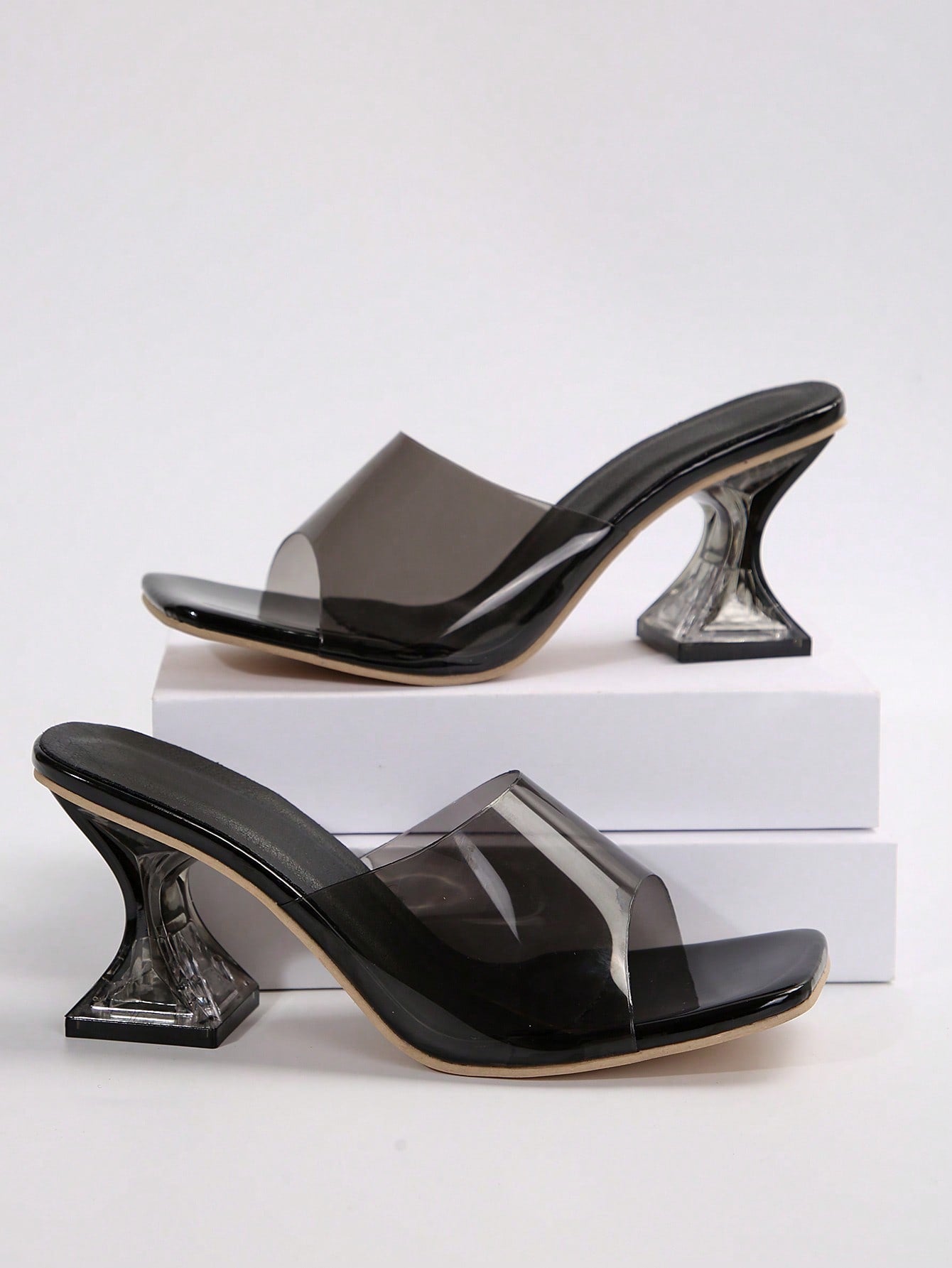 Women's Classic Black High Heel Sandals, Square Open Toe, Transparent Upper, Suitable For Office, Summer Parties And Summer Wear