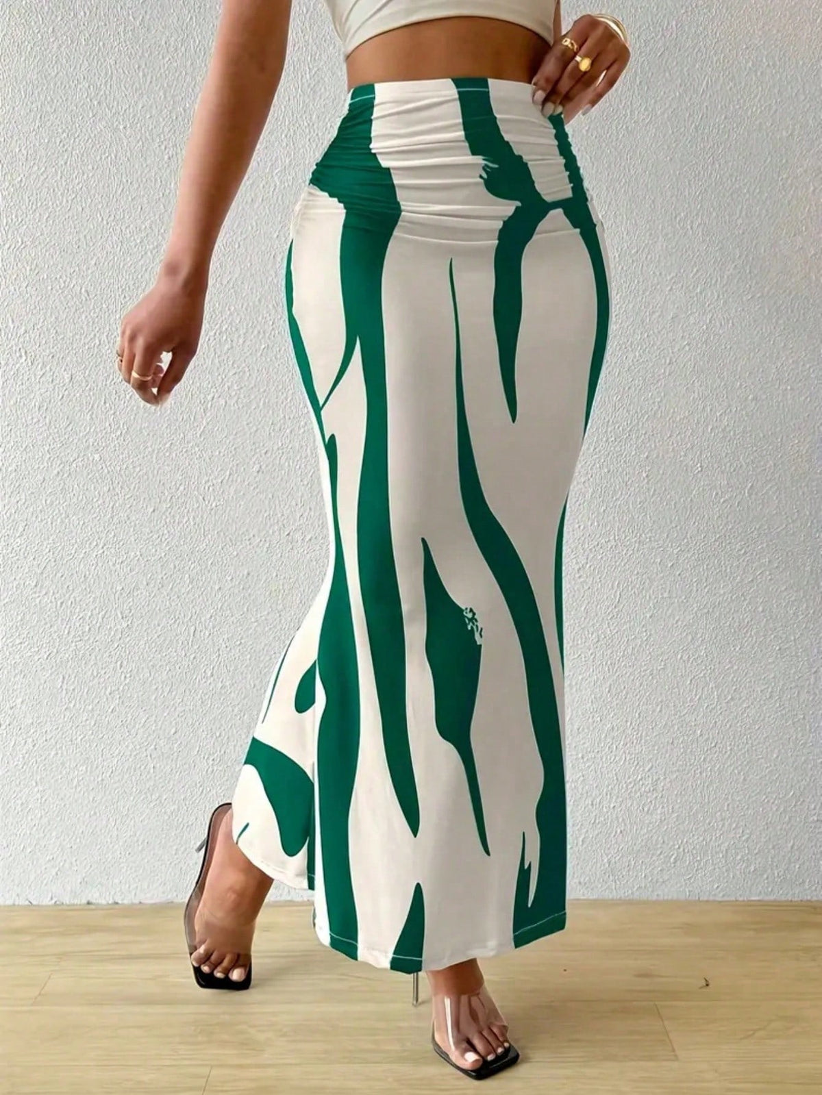 Women's High Waist Pleated Pattern Print Fish Tail Hem Skirt Spring
