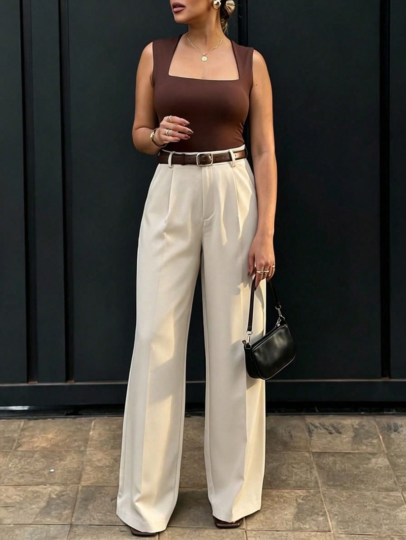 Women's High-Waisted Slim Fit Wide Leg Pants, Bohemian Street Style, Casual & Office Wear For Spring/Summer (Belt Not Included), Aesthetic