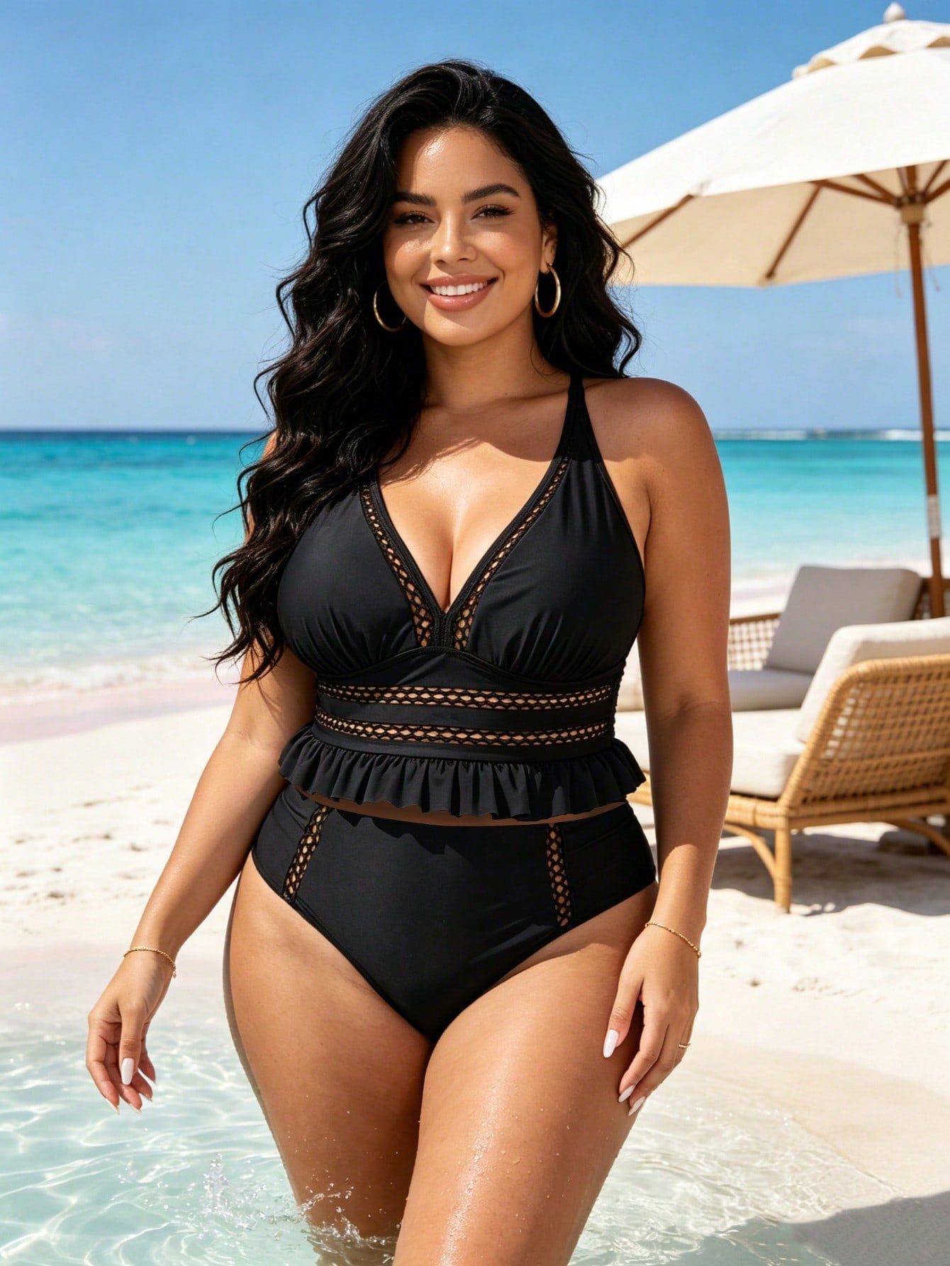 Women's New Plus Size Black Mesh Mesh With Hollowed Out Ruffle Edges To Cover The Belly And Show Off Slimming Swimsuit Two-Piece Set