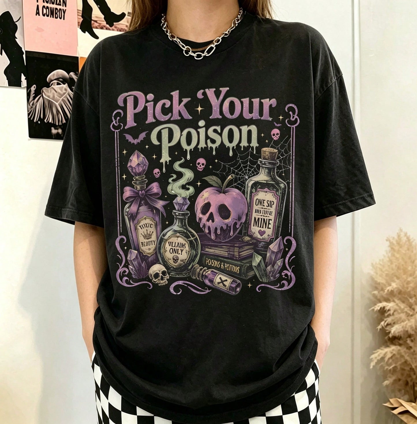 Women's Pick Your Poison Potion Bottle Print Black T-Shirt