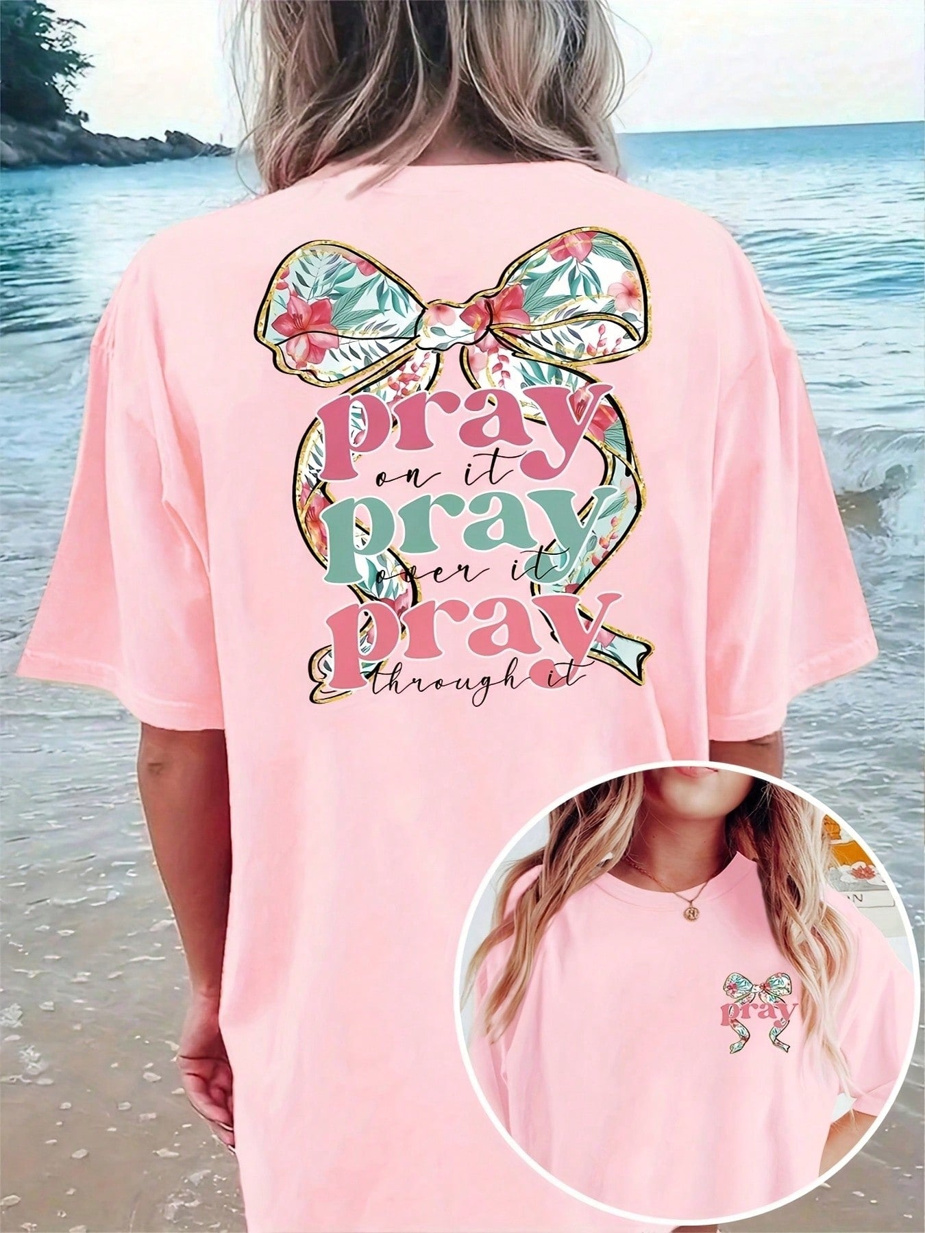Women's Plus Size Casual Bow And Floral Print T-Shirt- "Pray For Everything And Then Pray Again" Slogan, Elastic Round Neck Short Sleeves