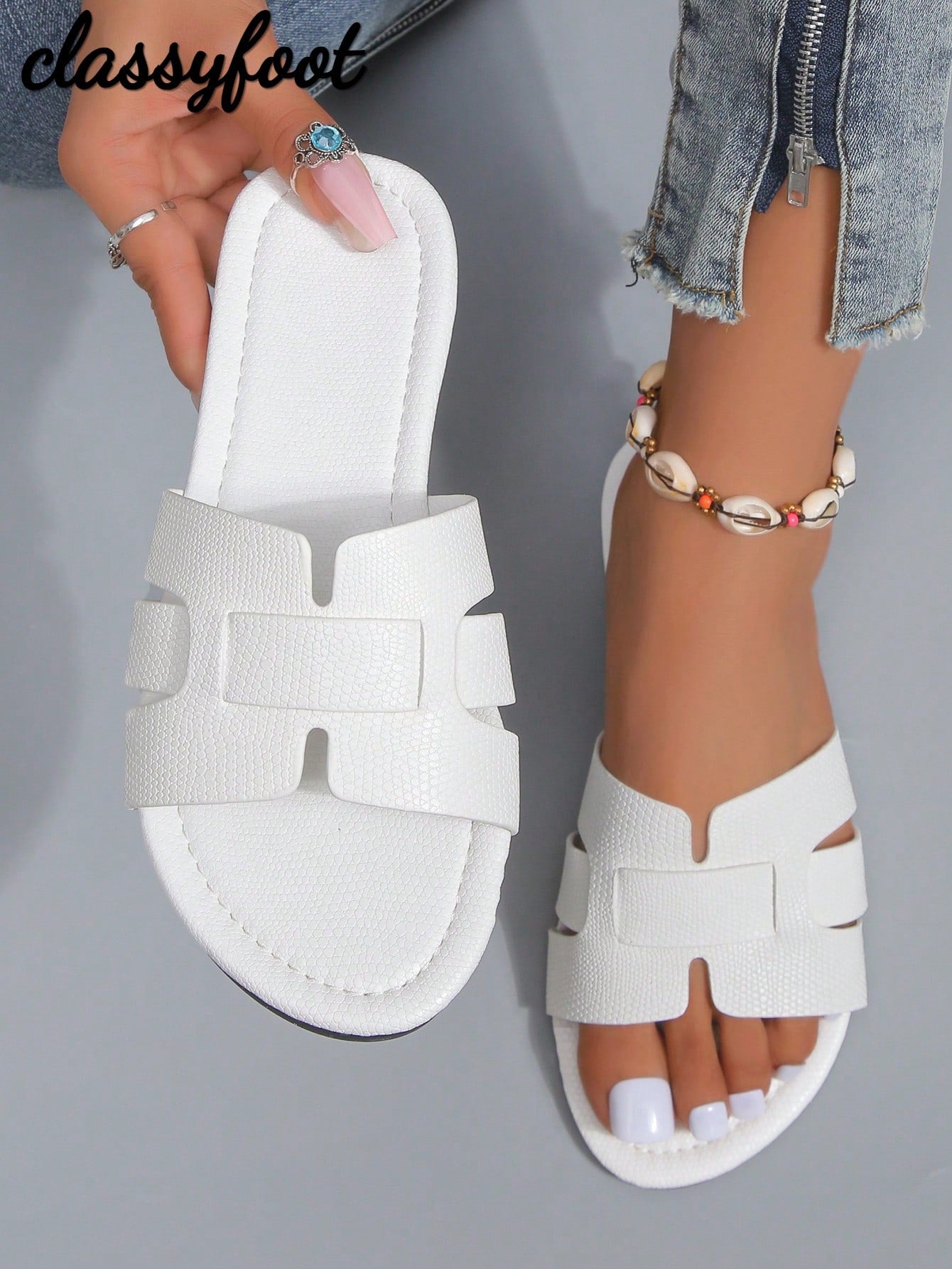 Women's Snake Pattern Slide Sandals, Flat Summer Holiday Indoor/Outdoor White Slippers,Beach Outfits