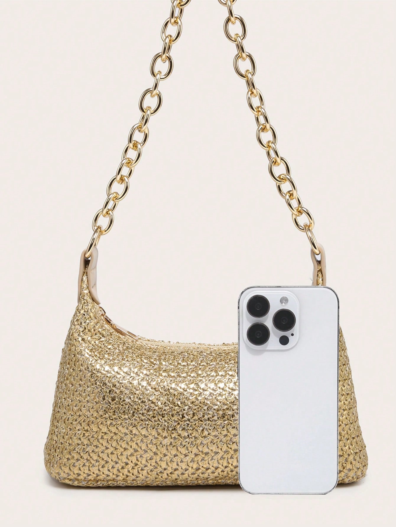 Women's Underarm Shoulder Bag, Square Metal Chain, Large Capacity, Lightweight, Casual & Fashionable Beach Vacation Style, Suitable For Shopping,Straw Bag