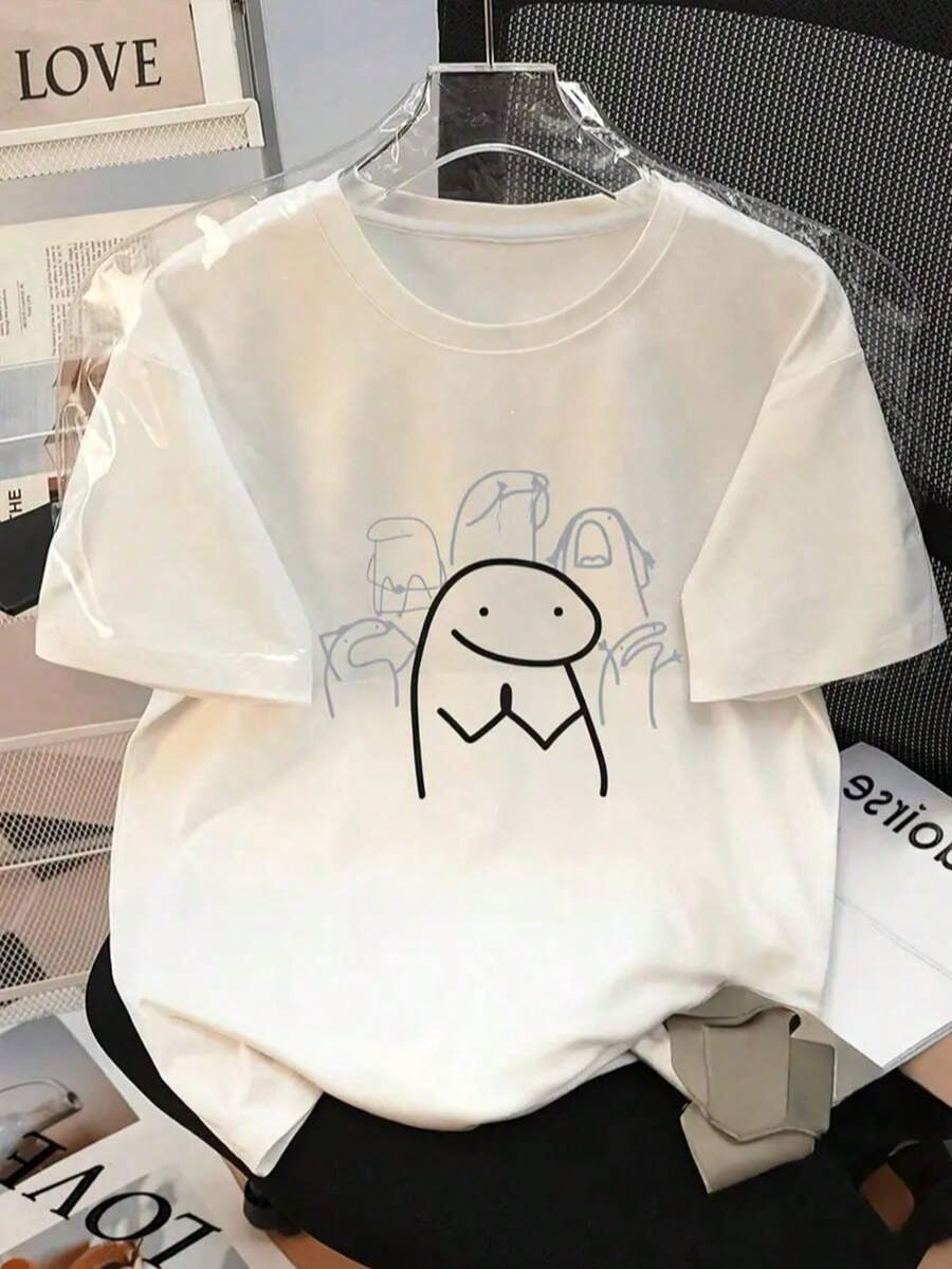 Women's White Crew Neck Short Sleeve Regular Length Knit T-Shirt, Cartoon Print, Slightly Stretchy