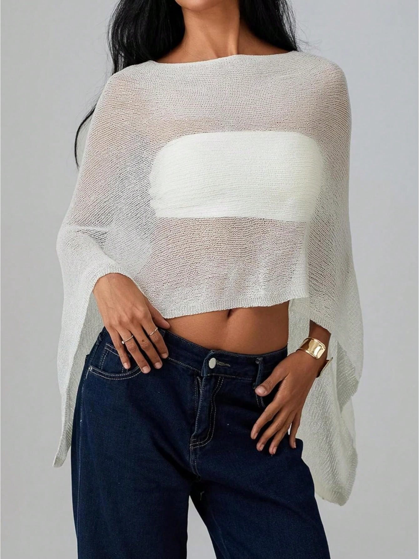Women Sheer Knit Crochet Poncho Top Mesh Off Shoulder Shrug Summer Asymmetrical Shawl See Through Bolero Cover Up Tops