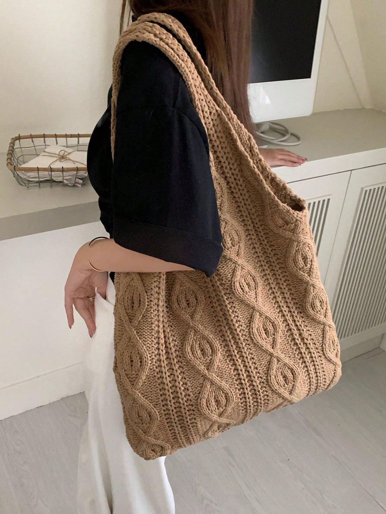 Yogodlns Women's Crochet Knitted Bag, Summer Beach Tote Bag, Aesthetic Handbag, Hippie Style Knitted Bag, Fashion Essential: Women's Crochet Knitted Handbag, Hollow-Out Tote Bag, Beach Travel Shoulder