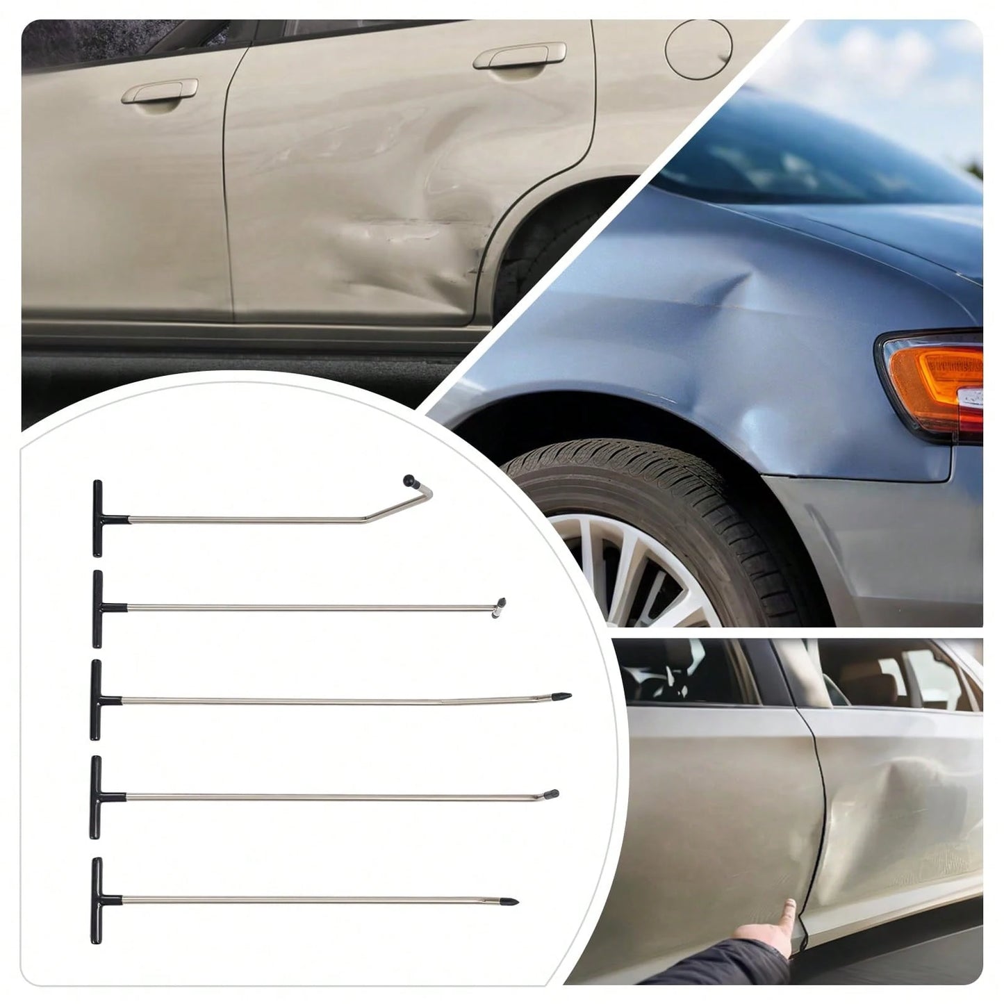 ZhdnBhnos Paintless Dent Repair Kits, 5 Pieces Of Dent Removal Rods With 9 Replaceable Taper Heads, Car Auto Body Dent Removal Tools (5pcs Rods, 2 S-Hooks & 2 O-Hooks)