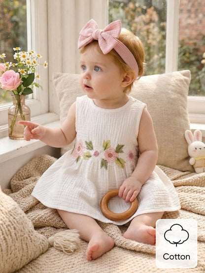 0-12M Newborn Baby Girls' Sleeveless Cotton Floral Embroidered Dress Cute Summer Light Pink Infant Outfits Wedding Guest Christening Party Clothes
