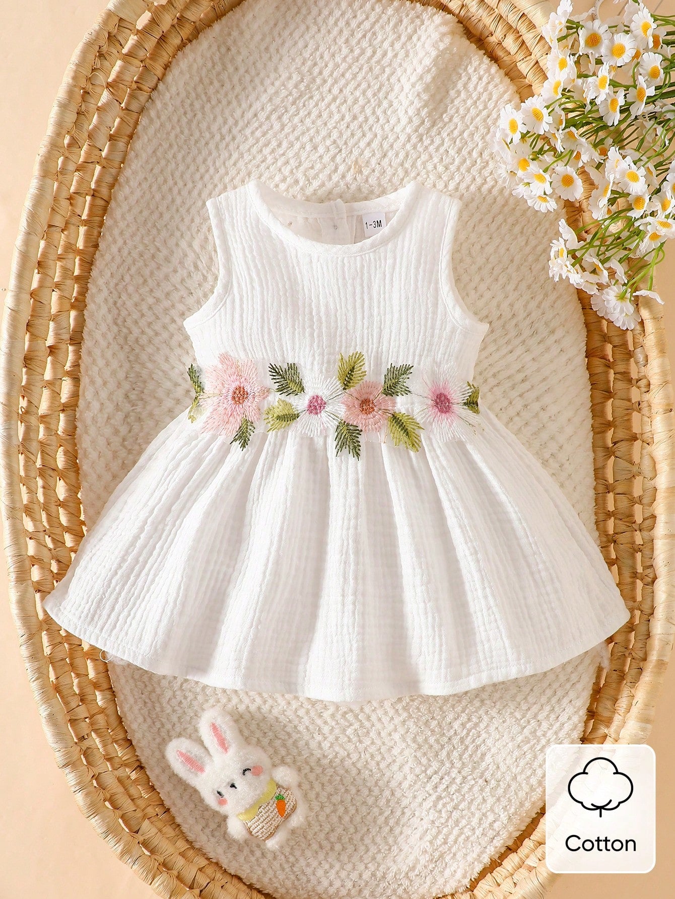 0-12M Newborn Baby Girls' Sleeveless Cotton Floral Embroidered Dress Cute Summer Light Pink Infant Outfits Wedding Guest Christening Party Clothes