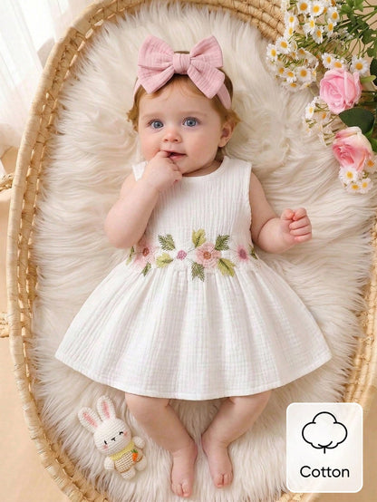0-12M Newborn Baby Girls' Sleeveless Cotton Floral Embroidered Dress Cute Summer Light Pink Infant Outfits Wedding Guest Christening Party Clothes